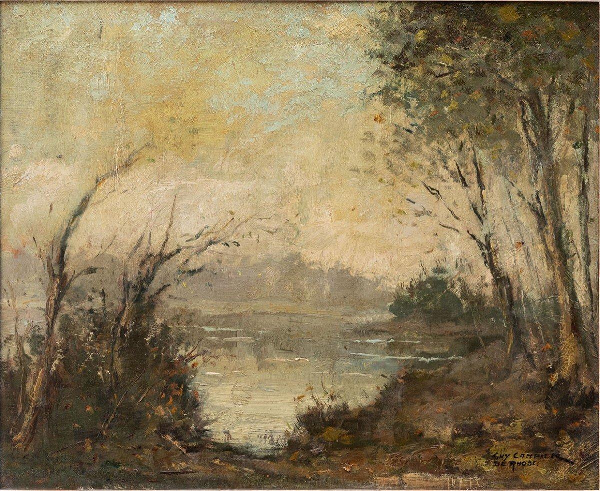 La riva della Senna, tela originale ad olio, seguace di Camille Corot, Barbizon - Painting di Guy Cambier