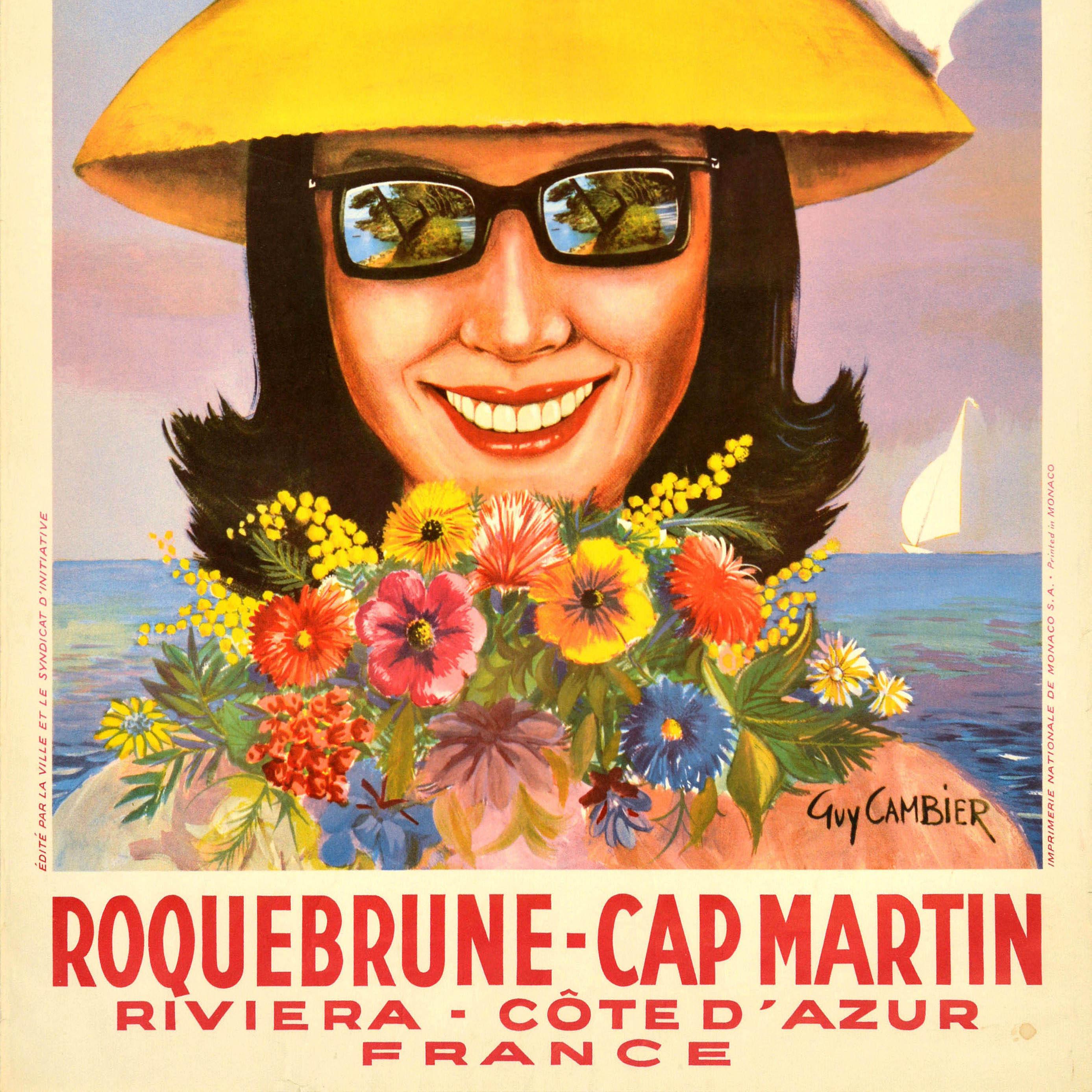 Original vintage travel poster for Roquebrune Cap Martin Riviera Cote d'Azur France featuring a colourful illustration of a smiling lady in a summer hat with a red, white and blue for the French flag tied around it, and reflective sunglasses holding
