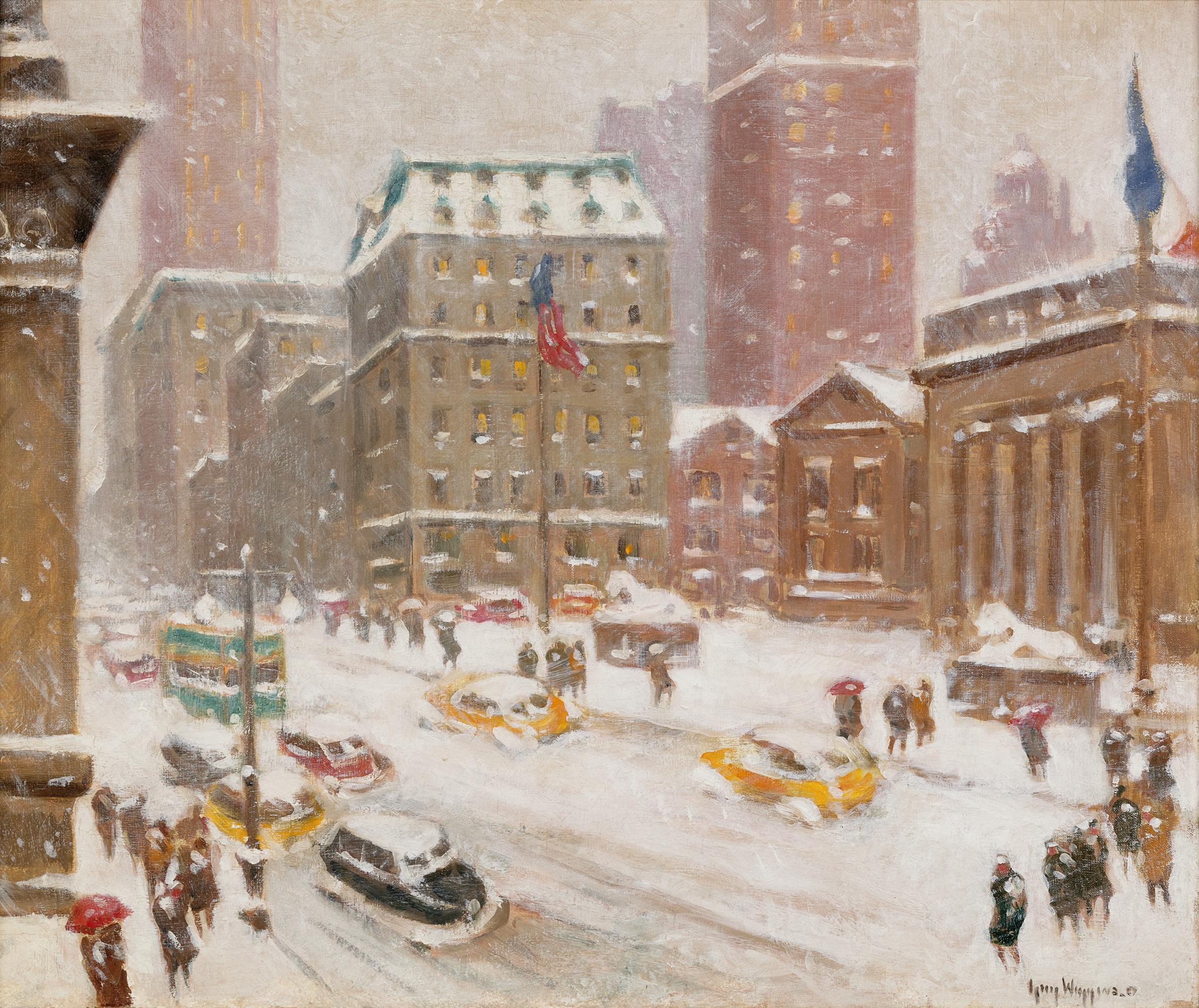 Guy C. Wiggins
1883-1962  Amerikanisch

5th Avenue Sturm an der 42nd Street

Signiert "Guy Wiggins" (unten rechts)
Öl auf Leinwand

Kein anderer Maler hat die Schönheit des Winters in New York City so poetisch eingefangen wie Guy Wiggins. Wiggins,