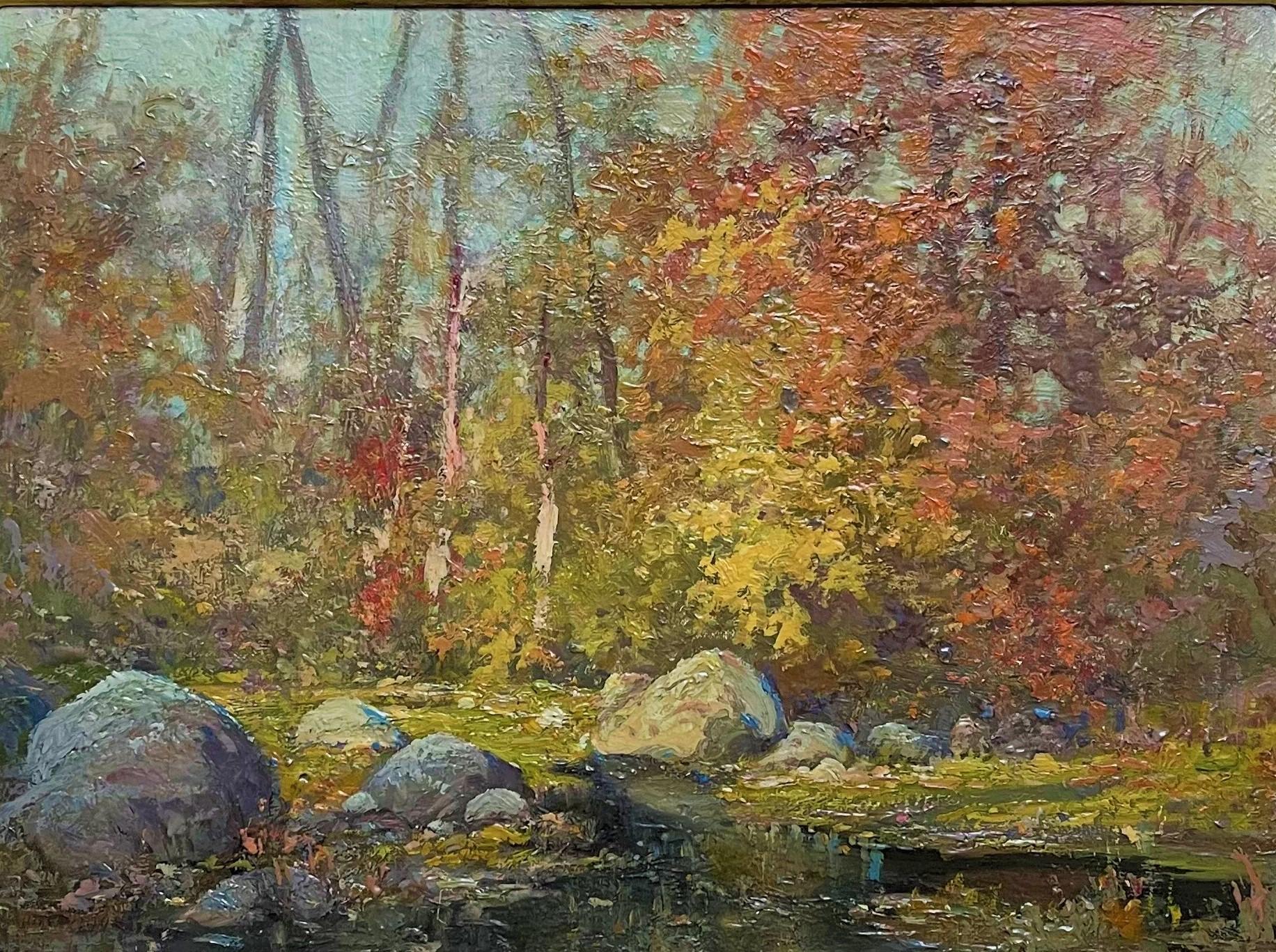 Rocks & Trees
Oil/Board
12 x 16 image unframed, 18.75 x 22.75 framed
Signed lower left although hard to read.
No restoration housed in a reproduction frame.
The painting is in beautiful condition and is much softer in person that these photos