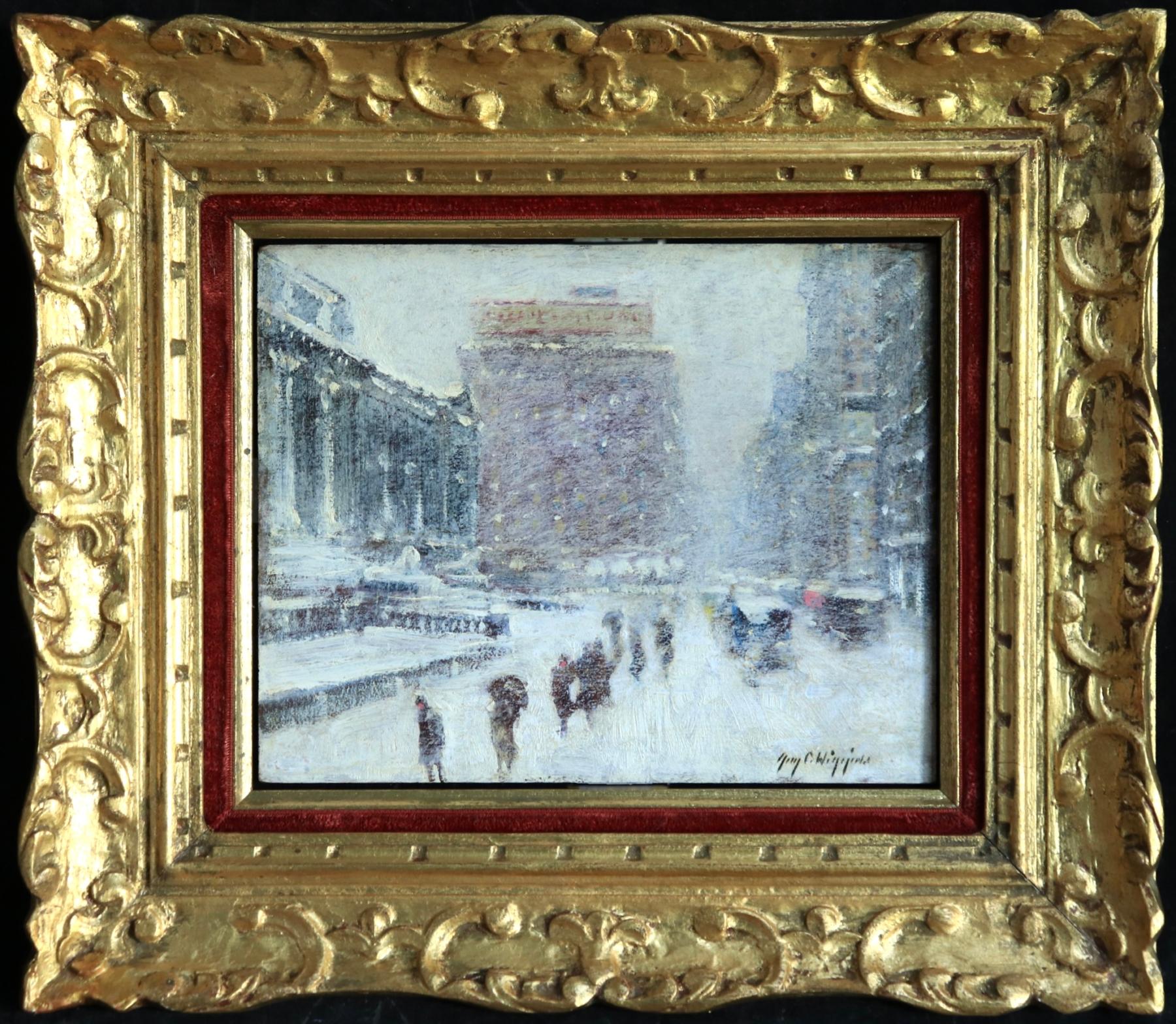 City Storm - New York City Library - Cityscape in Snow Oil by Guy Wiggins - Painting by Guy Carleton Wiggins