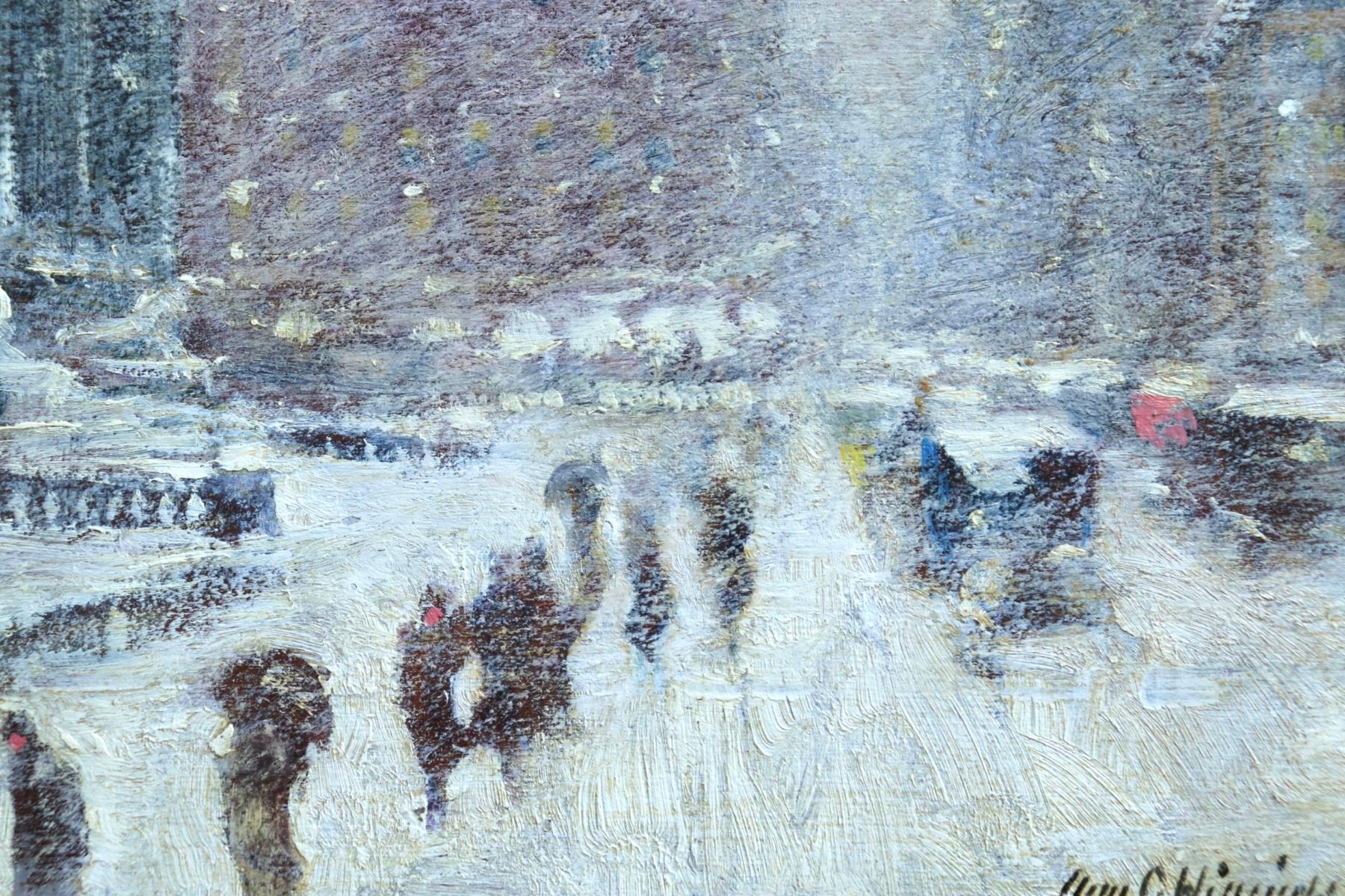 City Storm - New York City Library - Cityscape in Snow Oil by Guy Wiggins - American Impressionist Painting by Guy Carleton Wiggins