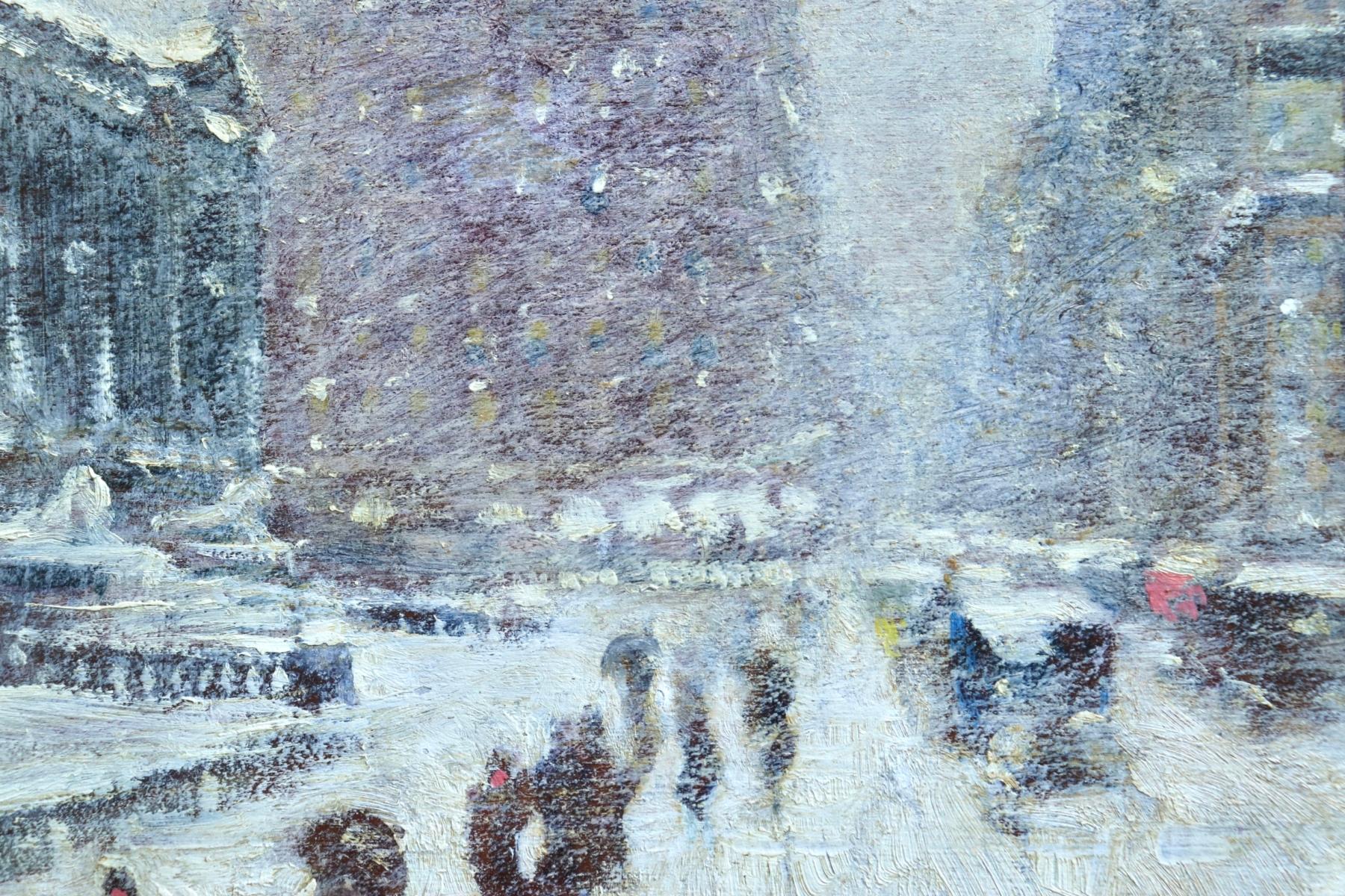 An historic illustration by American impressionist painter Guy Carleton Wiggins of figures in a snow storm outside the New York City Library. Oil on panel. Signed lower right and signed, titled and dated 1918 verso. 

Dimensions:
Framed: