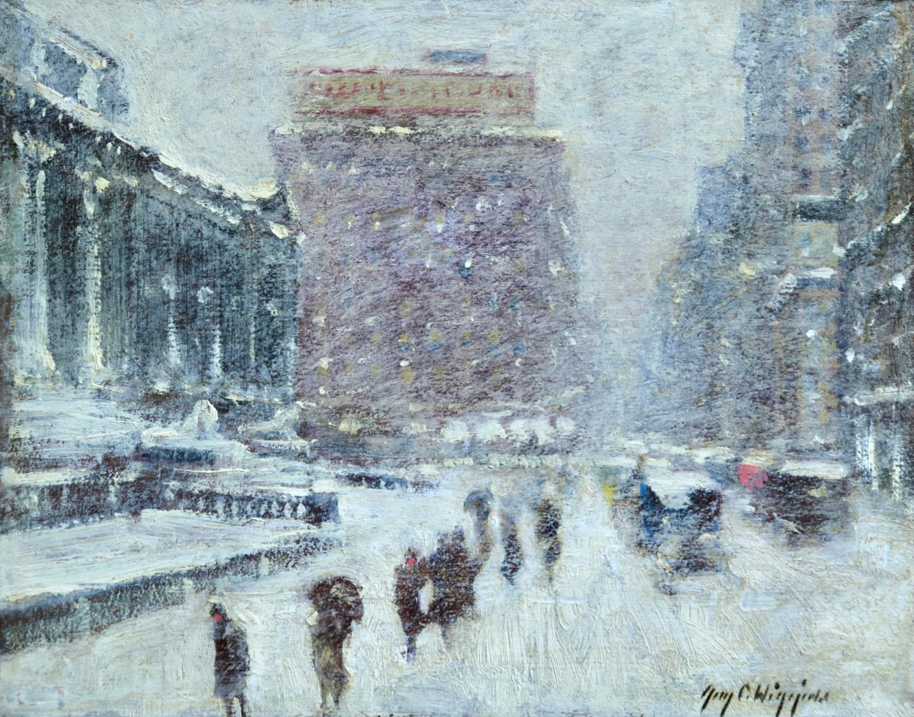 Guy Carleton Wiggins Landscape Painting - City Storm - New York City Library - Cityscape in Snow Oil by Guy Wiggins