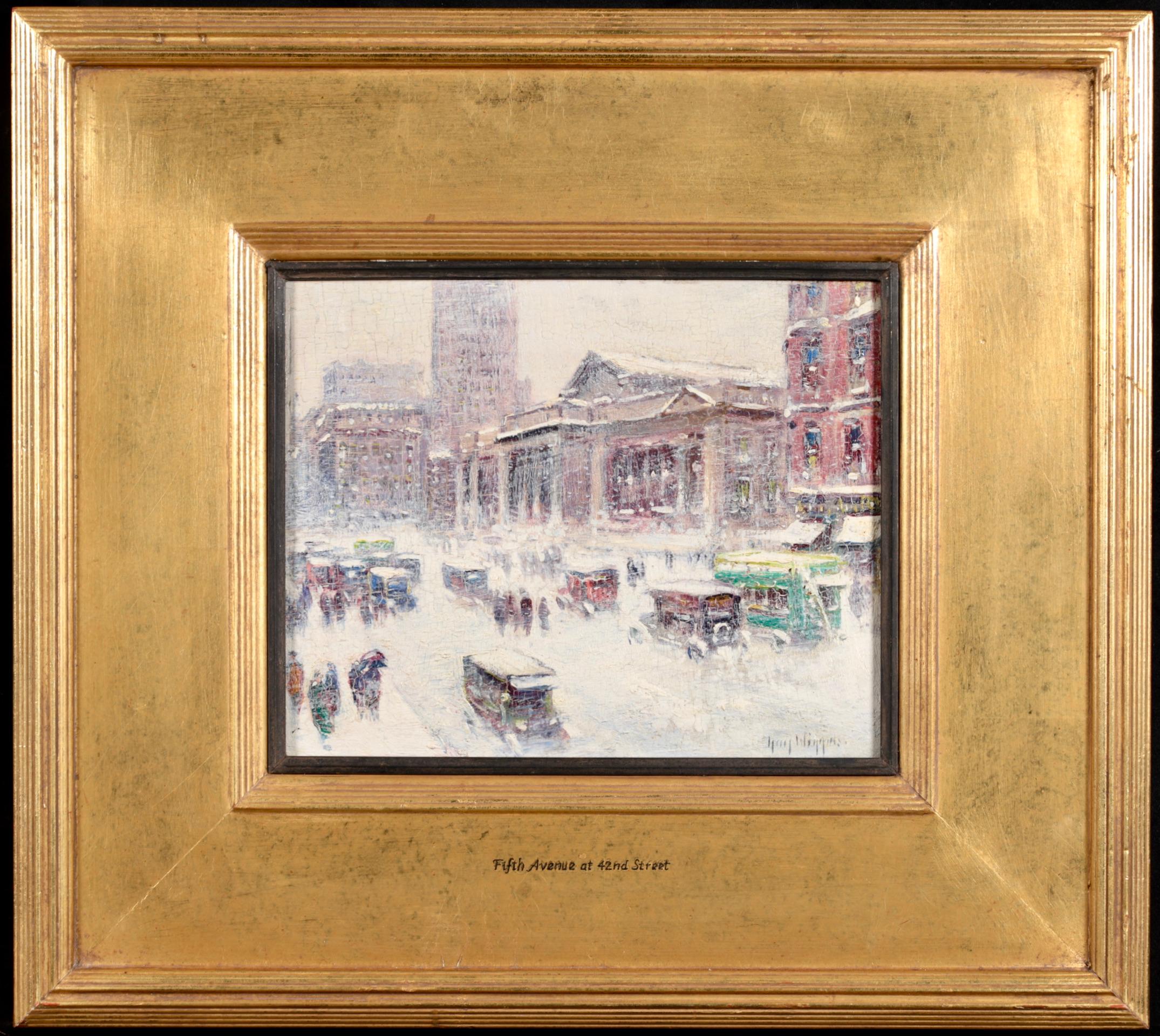 Fifth Avenue & 42nd Street - American Impressionist Cityscape Oil by Guy Wiggins - Painting by Guy Carleton Wiggins