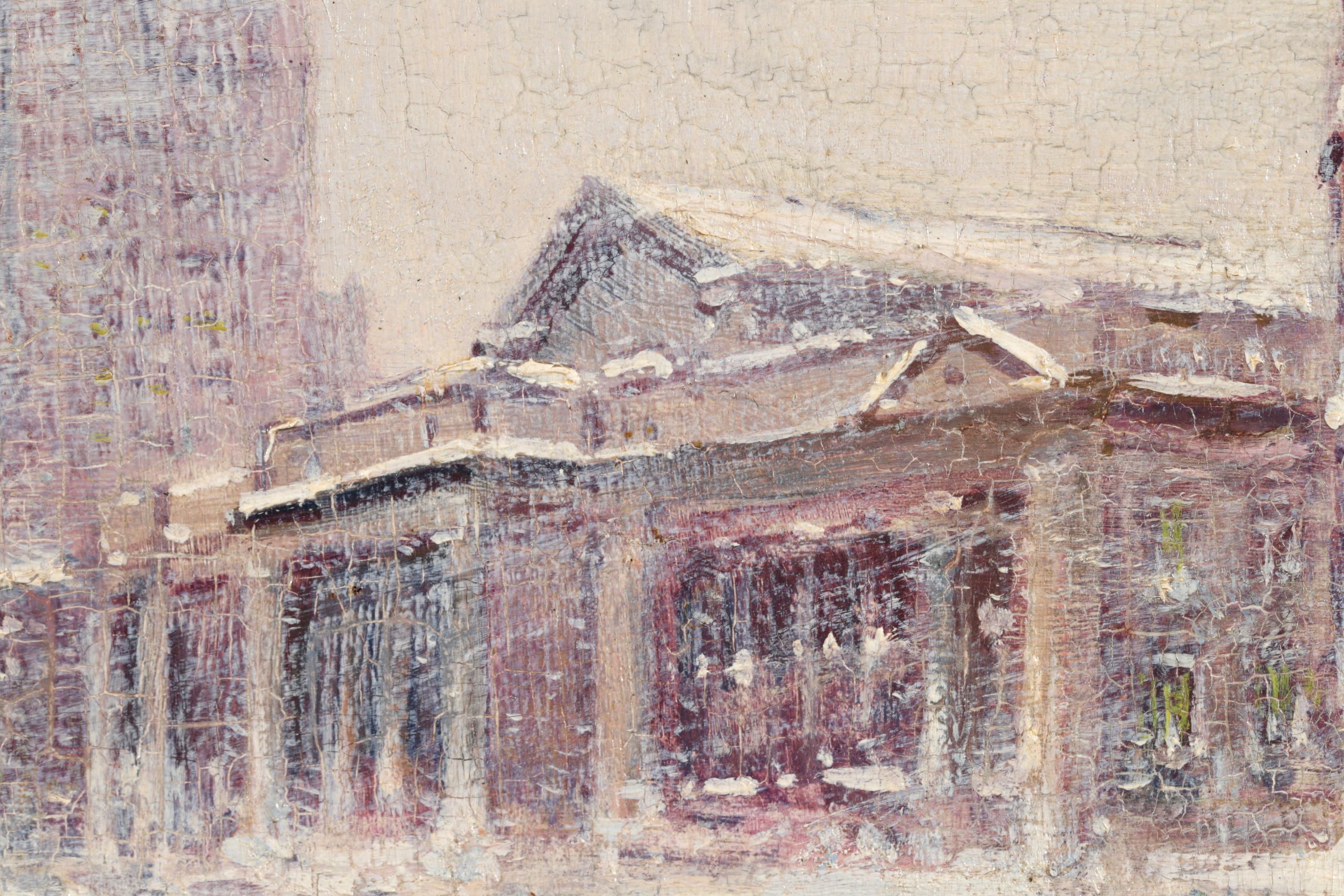 Quinta Avenida y calle 42 - Paisaje urbano impresionista americano Óleo de Guy Wiggins - Figurative Painting Gris de Guy Carleton Wiggins