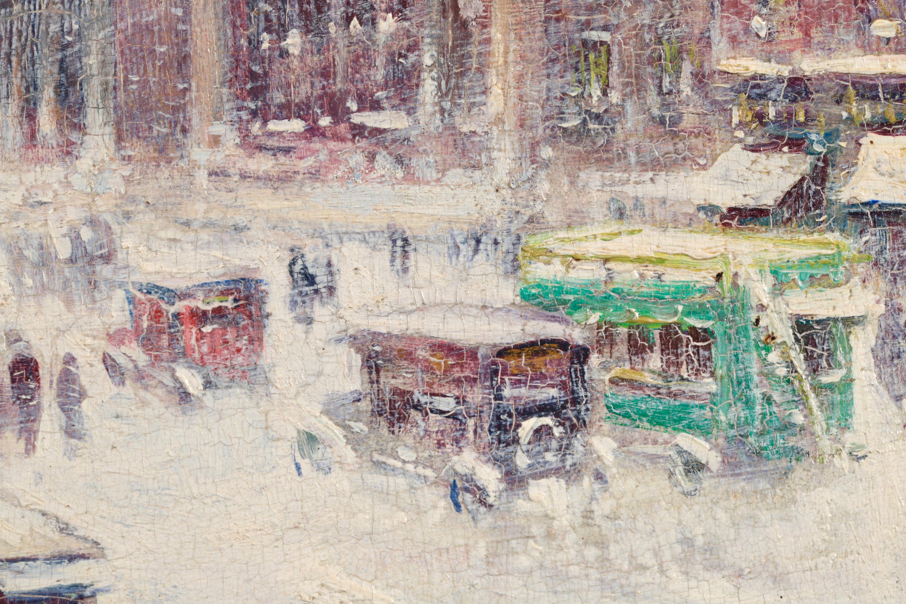 Fifth Avenue & 42nd Street - American Impressionist Cityscape Oil by Guy Wiggins - Gray Figurative Painting by Guy Carleton Wiggins