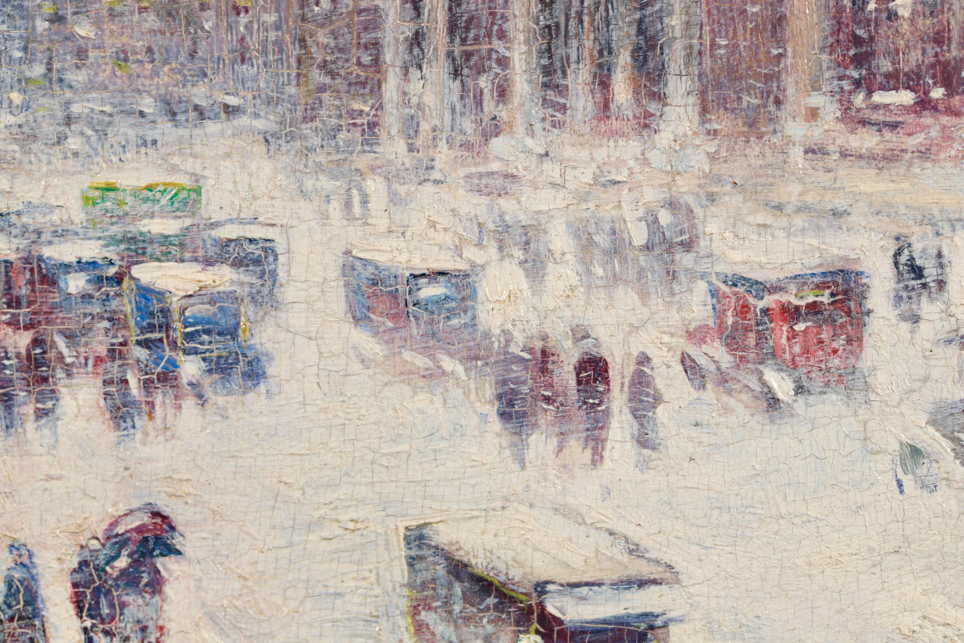 Signed and titled figures in cityscape oil on panel circa 1920 by American impressionist painter Guy Carleton Wiggins. This wonderful piece depicts a view of the New York Public Library in the United States of America during a winter snowstorm.