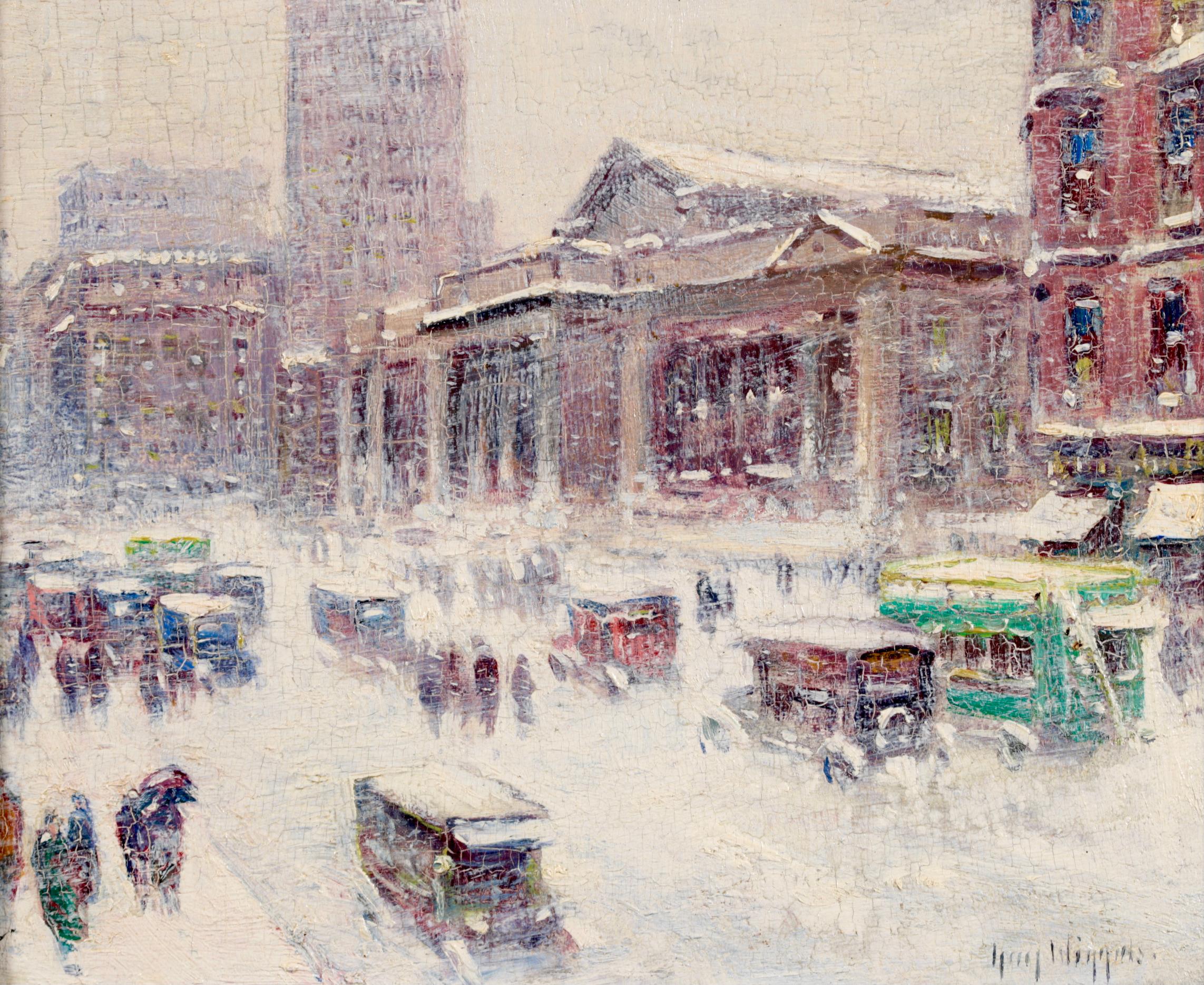 Fifth Avenue & 42nd Street – amerikanische impressionistische Stadtlandschaft, Öl von Guy Wiggins