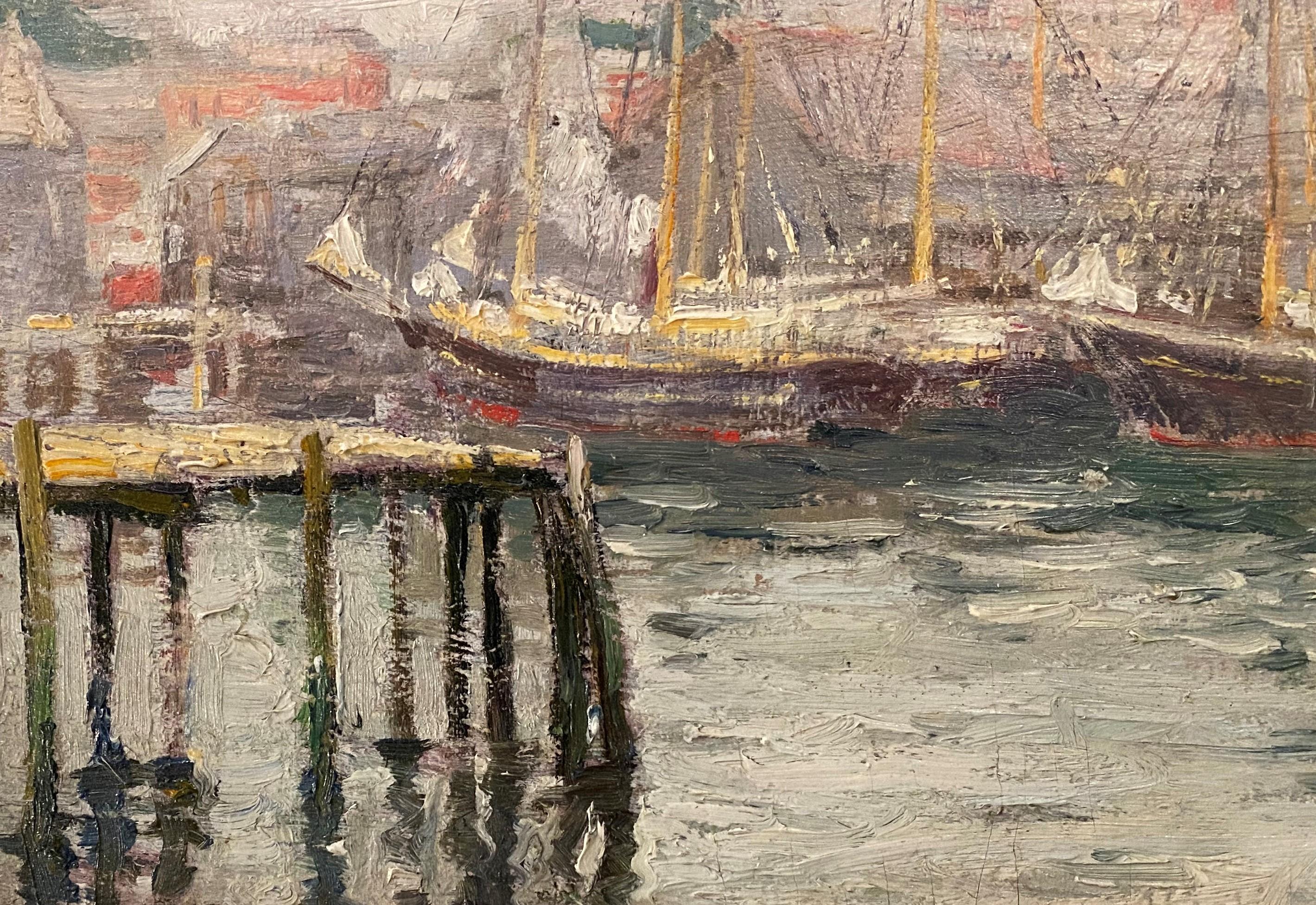 Belle scène de port impressionniste à Gloucester, Massachusetts, par l'artiste américain Guy Carleton Wiggins (1883-1962). Wiggins est né à Brooklyn, New York, et a mené une longue et fructueuse carrière d'artiste impressionniste et d'enseignant à