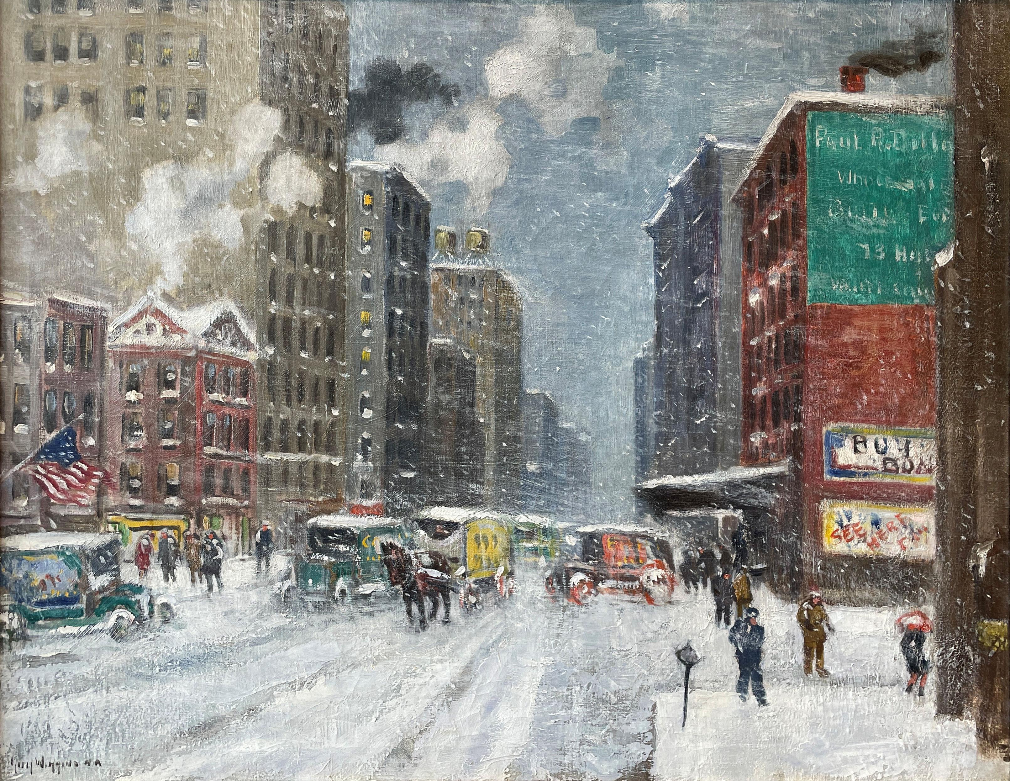 Guy Carleton Wiggins Landscape Painting - "Hudson Street, New York City, " Guy Wiggins, Winter Street Scene Impressionism