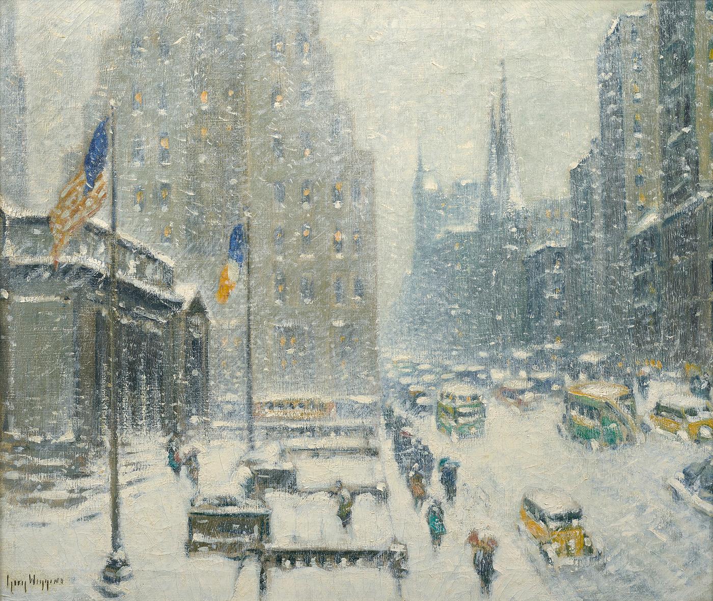 Guy Carleton Wiggins Landscape Painting - The Public Library, New York Winter