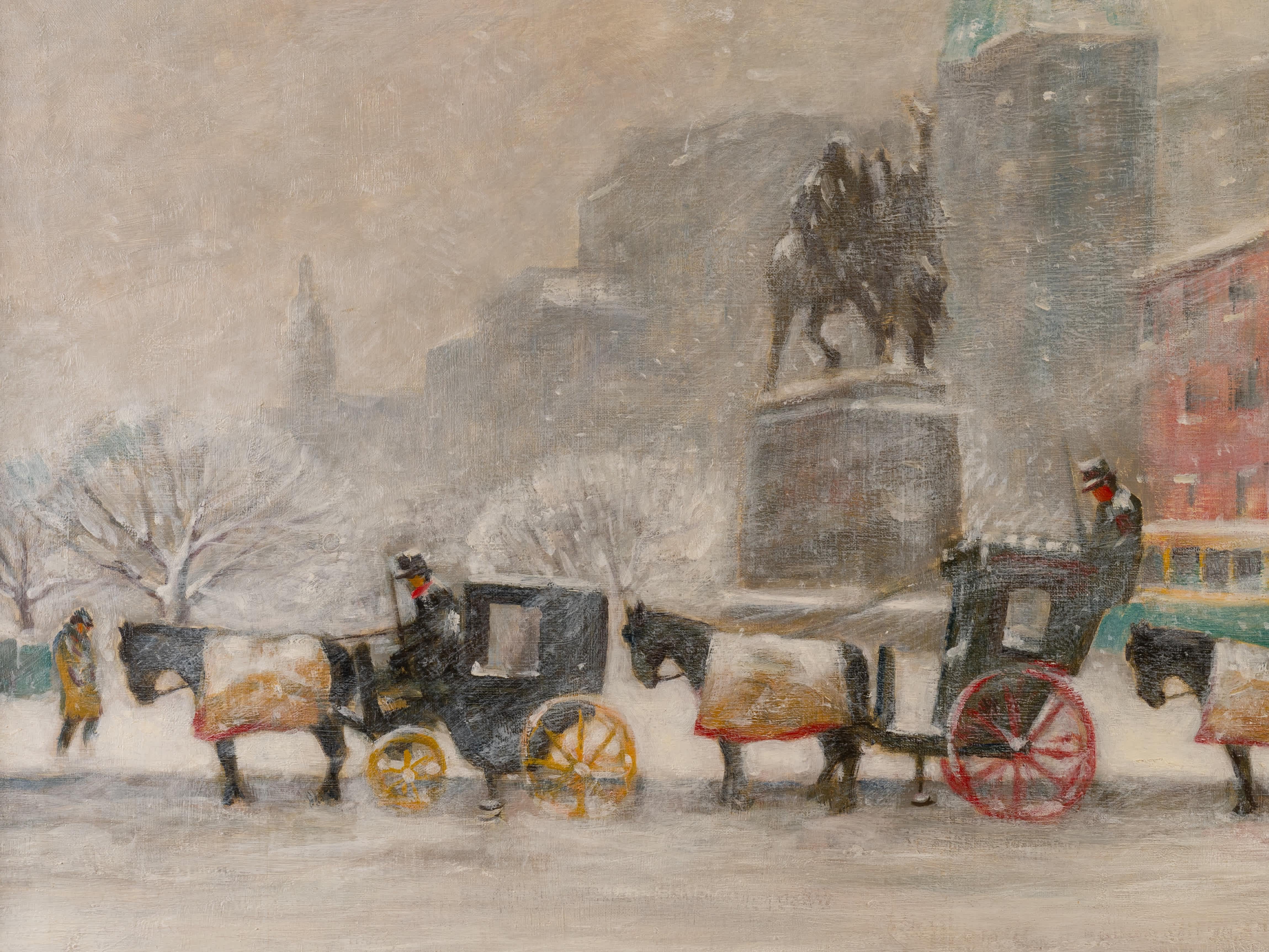 Guy Carleton Wiggins
American, 1883-1962
Winter’s Day at the Plaza

Oil on canvas
24 by 36 in, w/ frame 30 ⅜ by 42 ⅛ in
Signed lower right, dated 1957 verso

Guy Carleton Wiggins adopted the bright palette and lively brushwork of the impressionist