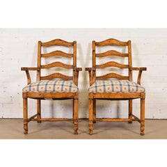 Guy Chaddock English Country Rustic Carved Maple Ladder Back Armchairs, Pair