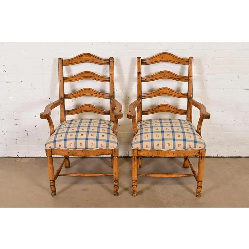 Rustico Guy Chaddock English Country Rustic Carved Maple Ladder Back Armchairs, Pair in vendita