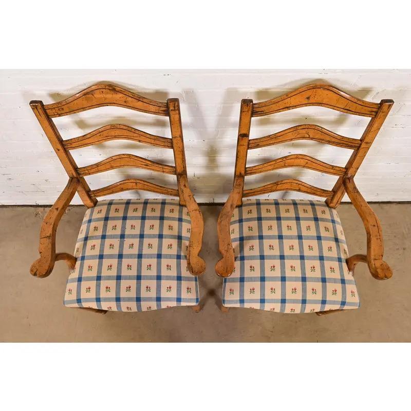 XX secolo Guy Chaddock English Country Rustic Carved Maple Ladder Back Armchairs, Pair in vendita