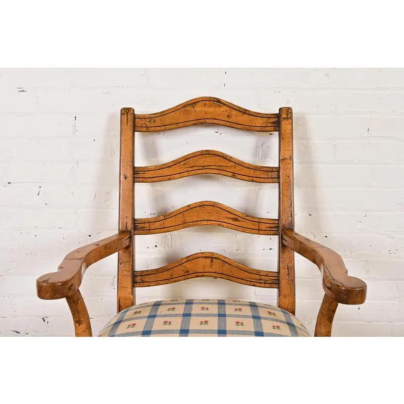Tappezzeria Guy Chaddock English Country Rustic Carved Maple Ladder Back Armchairs, Pair in vendita