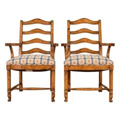 Guy Chaddock English Country Rustic Carved Maple Ladder Back Armchairs, Pair