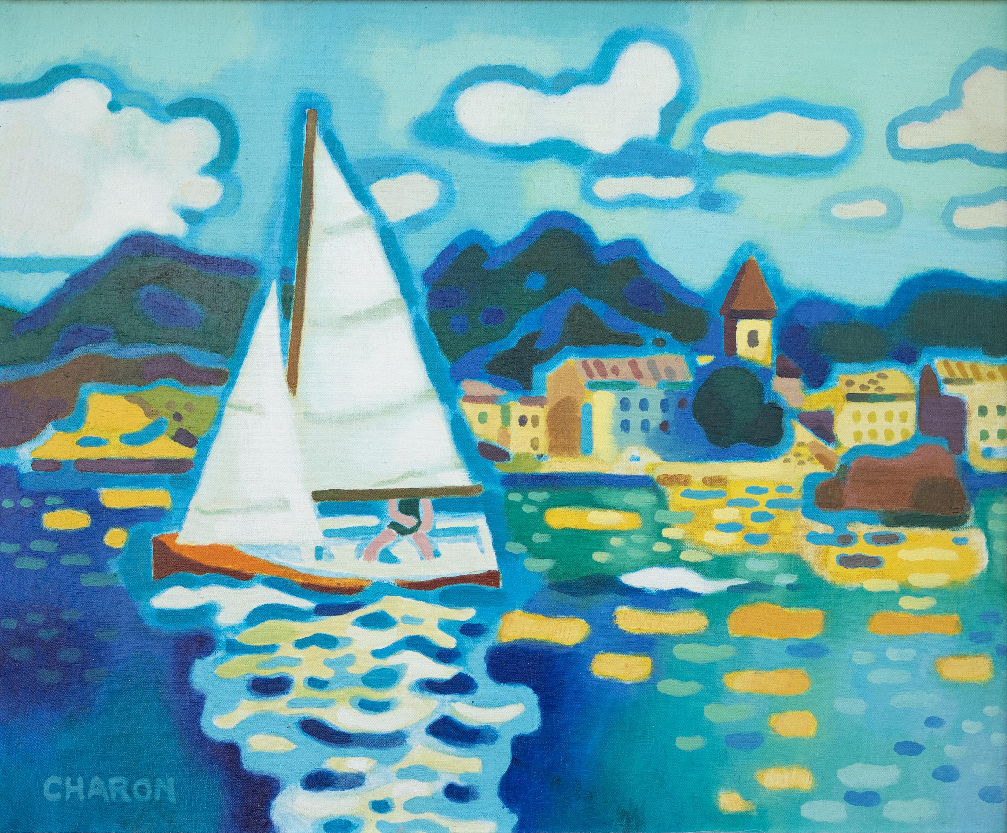 Guy Charon Landscape Painting - Lake Scene with Sailboat