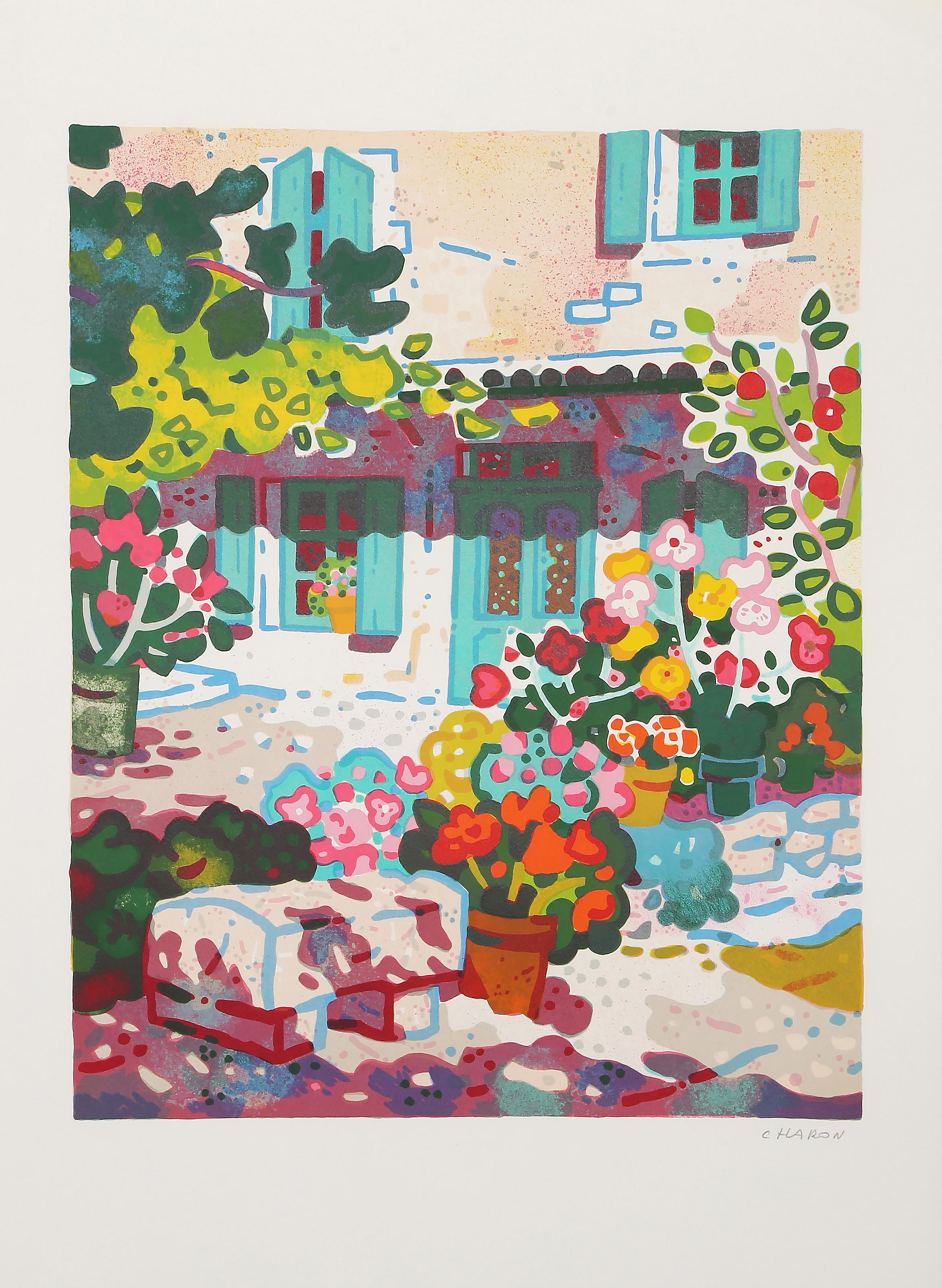 Flower Lined Home, Modern Lithograph by Guy Charon For Sale 1
