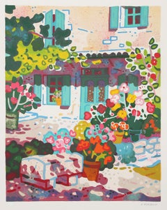 Moderne, mit Blumen gefütterte Wohnung, Lithographie von Guy Charon