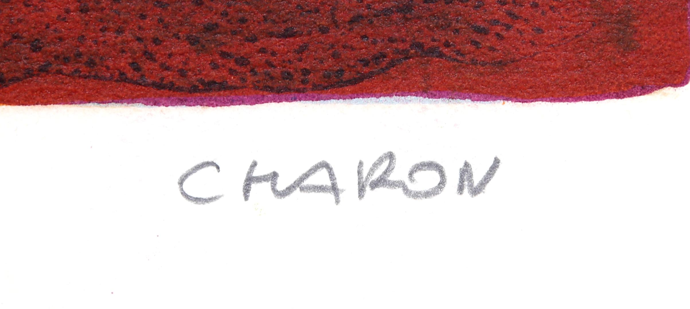 Flores rojas con pintura, litografía de arte popular de Guy Charon en venta 1
