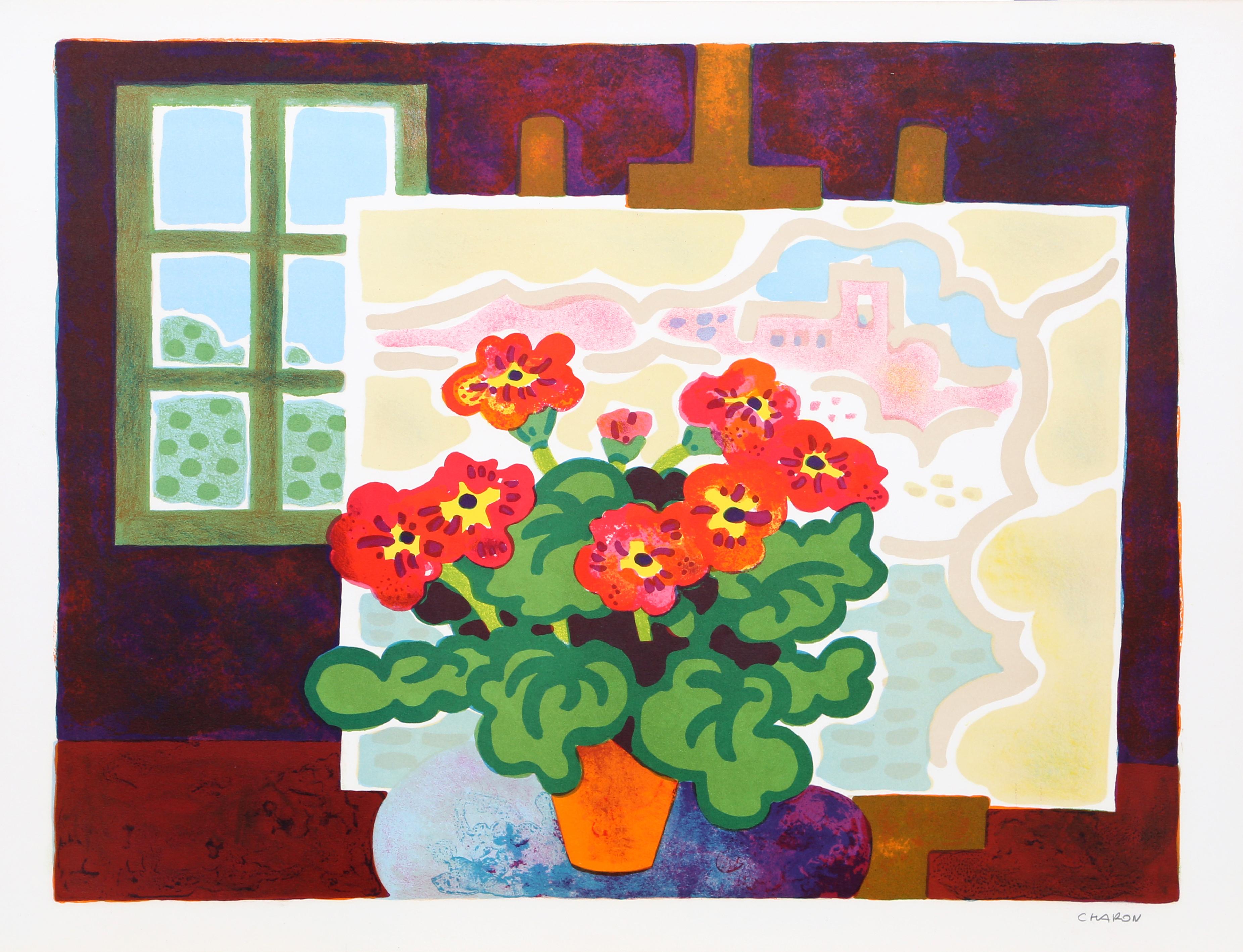 Red Flowers and Painting, Lithograph by Guy Charon