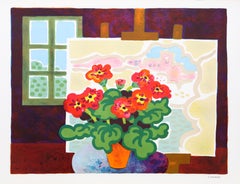 Vintage Red Flowers and Painting, Lithograph by Guy Charon