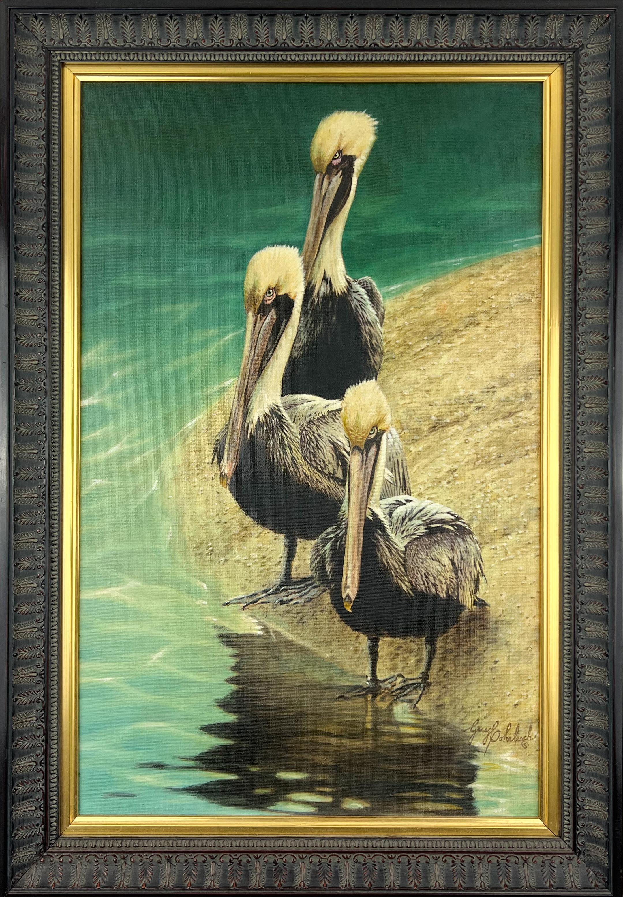 Quadro ad olio con cornice raffigurante tre pellicani, Realista americano, CIRCA 1999