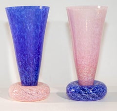 Guy Corrie Union Glass Donut Base Art Glass Vases Cobalt Blue Pink 1980s Set