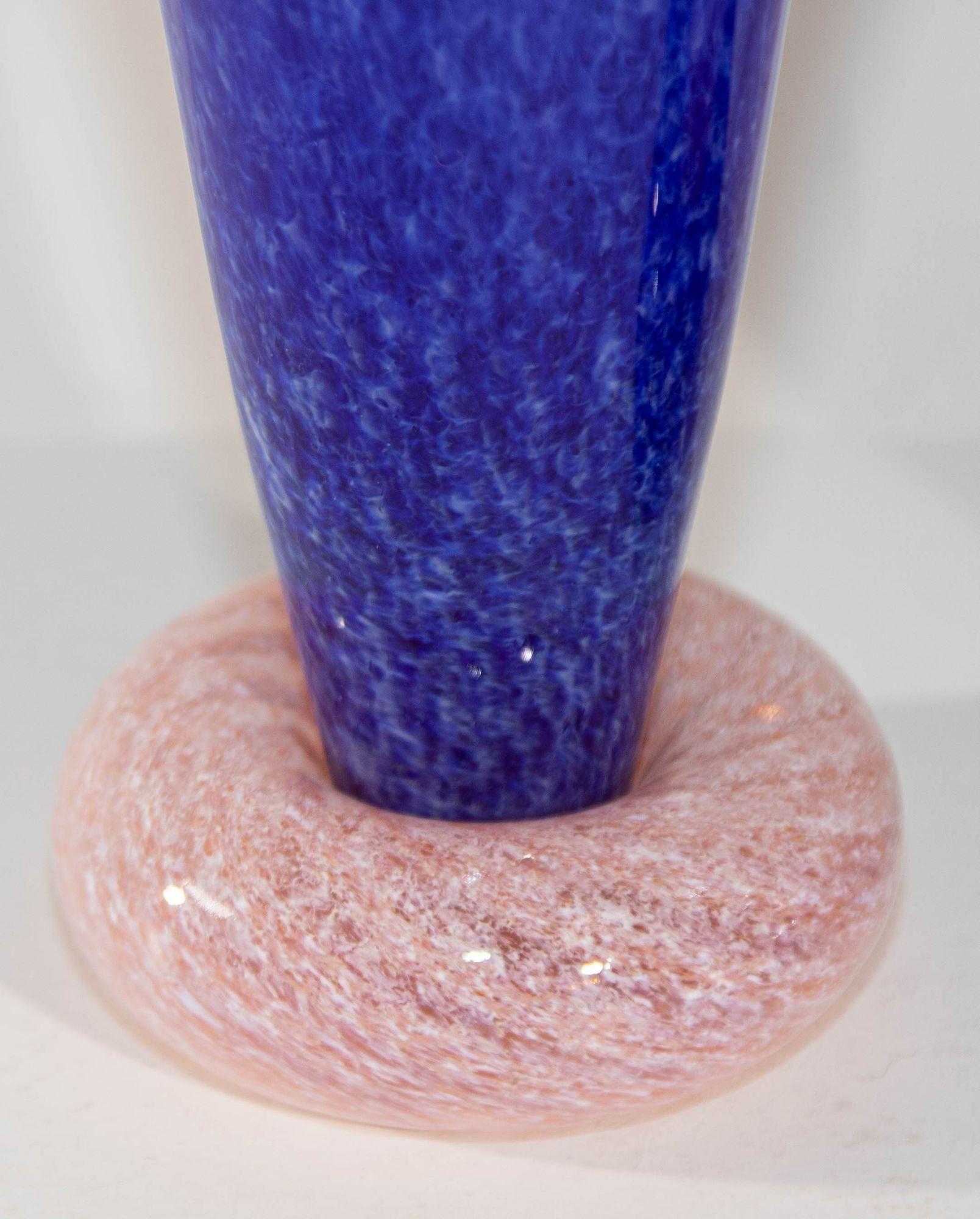 Italian Guy Corrie Union Glass Donut Base Art Glass Vases Cobalt Blue Pink 1980s Set For Sale