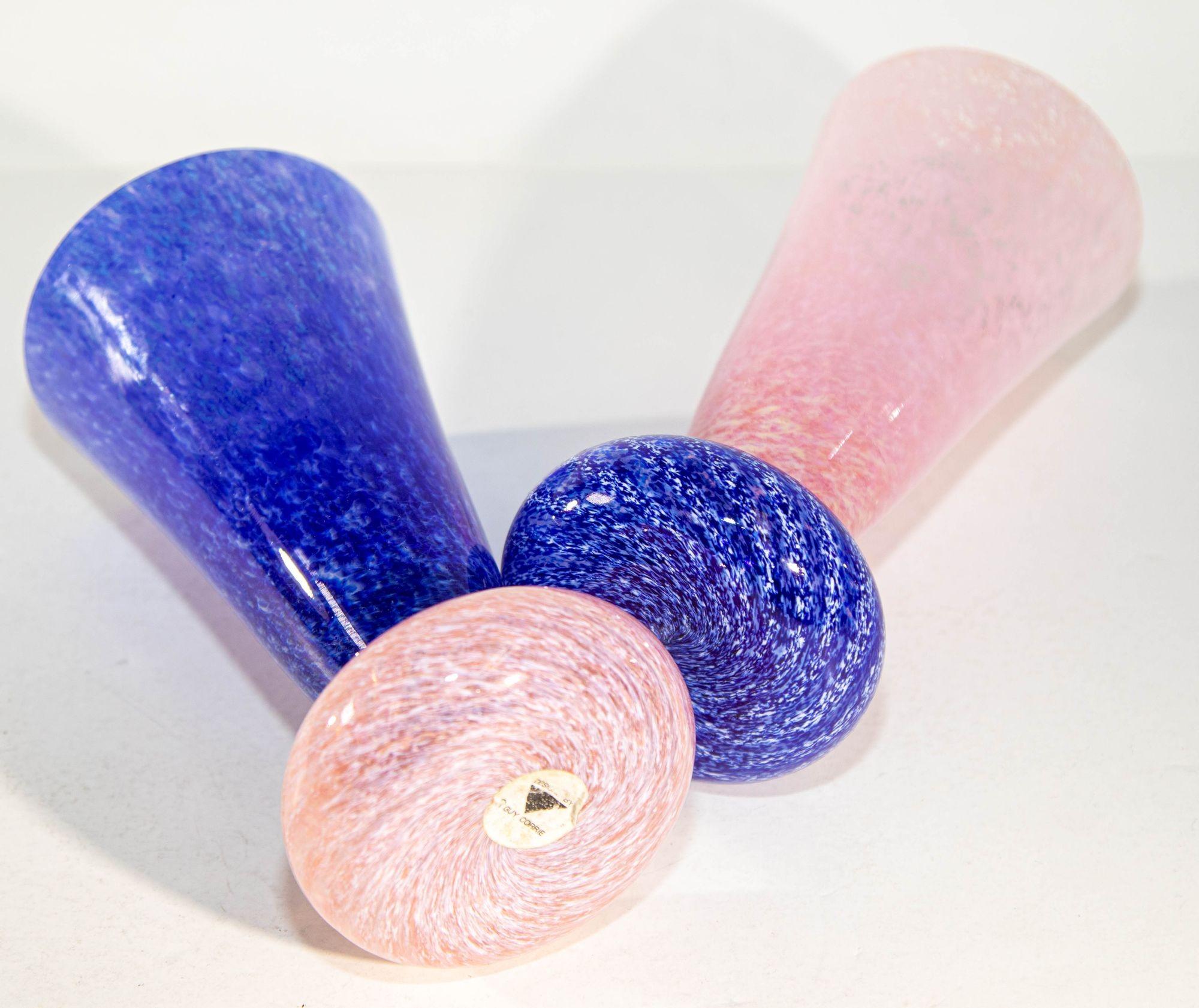 Guy Corrie Union Glass Donut Base Art Glass Vases Cobalt Blue Pink 1980s Set For Sale 1