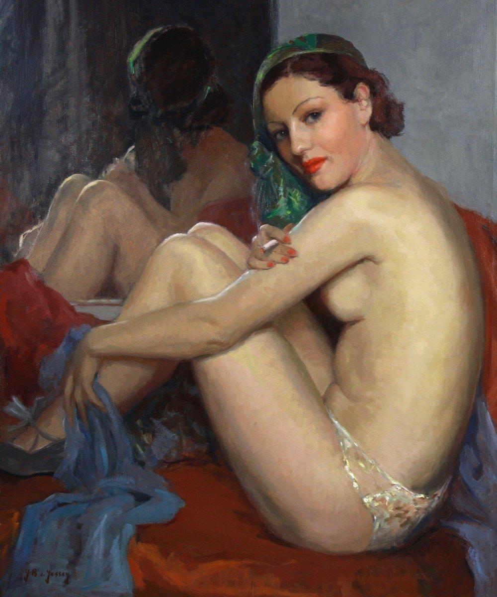 Beautiful Cabaret Dancer Nude Oil On Canvas By Guy De Jessey For Sale 1