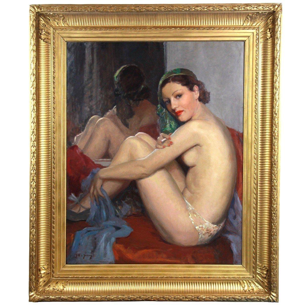 Very beautiful work oil on canvas, depicting a beautiful cabaret dancer
smoking a cigarette in front of a mirror.
Large dimensions of the canvas.

The frame is not sold with the painting because it is slightly too large by a few mm (can be solved by