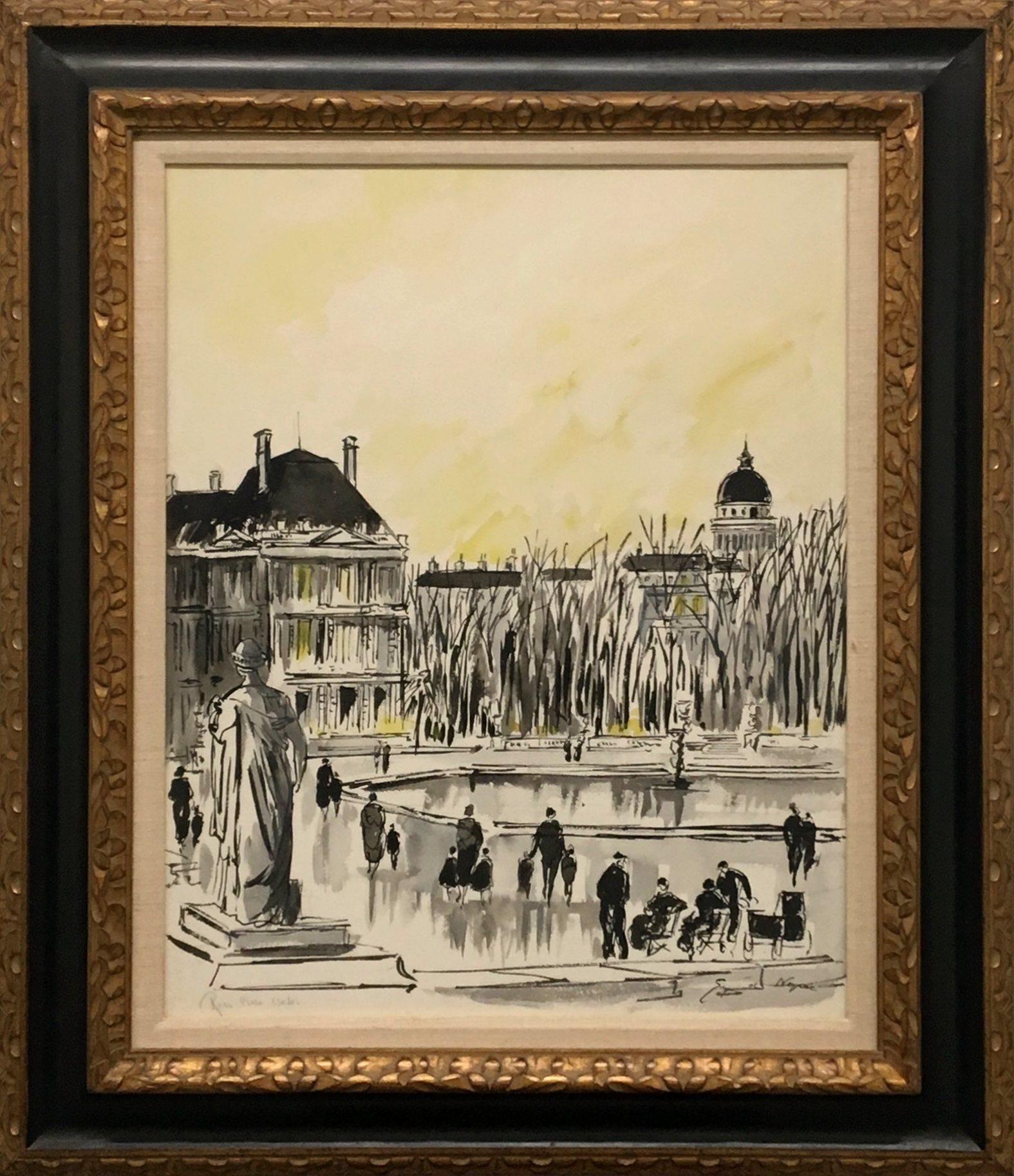 Ca. 1949 Yellow-Toned Watercolor of Rome, Piazza Esedra by Guy de Neyrac For Sale 1