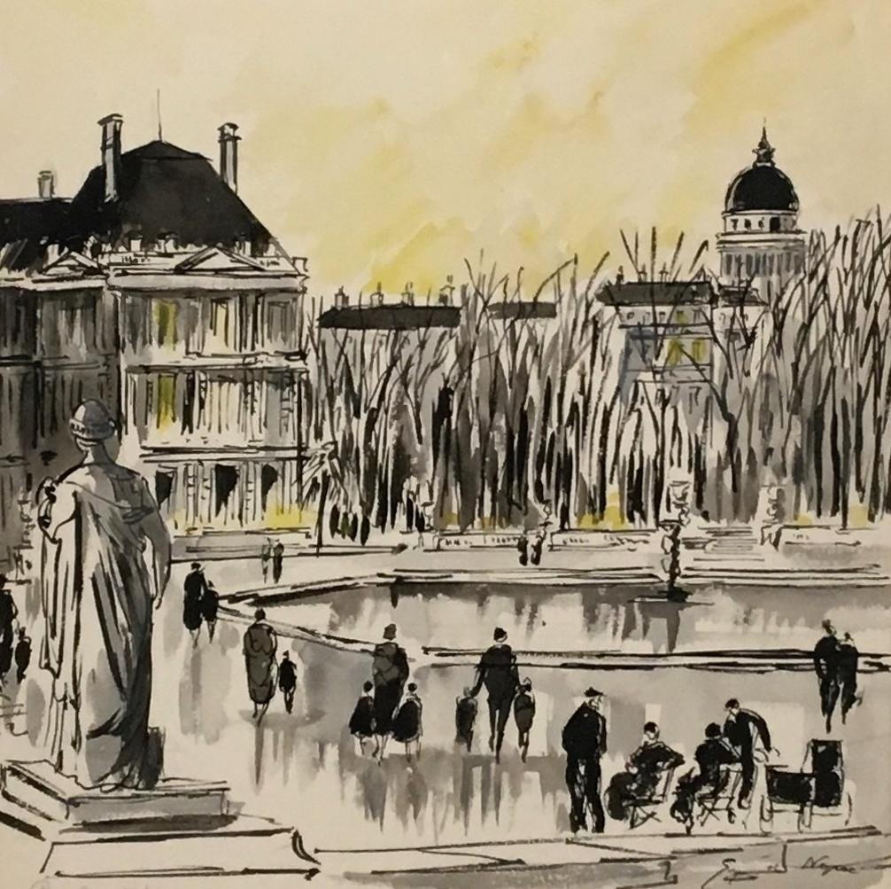 Ca. 1949 Yellow-Toned Watercolor of Rome, Piazza Esedra by Guy de Neyrac For Sale 3