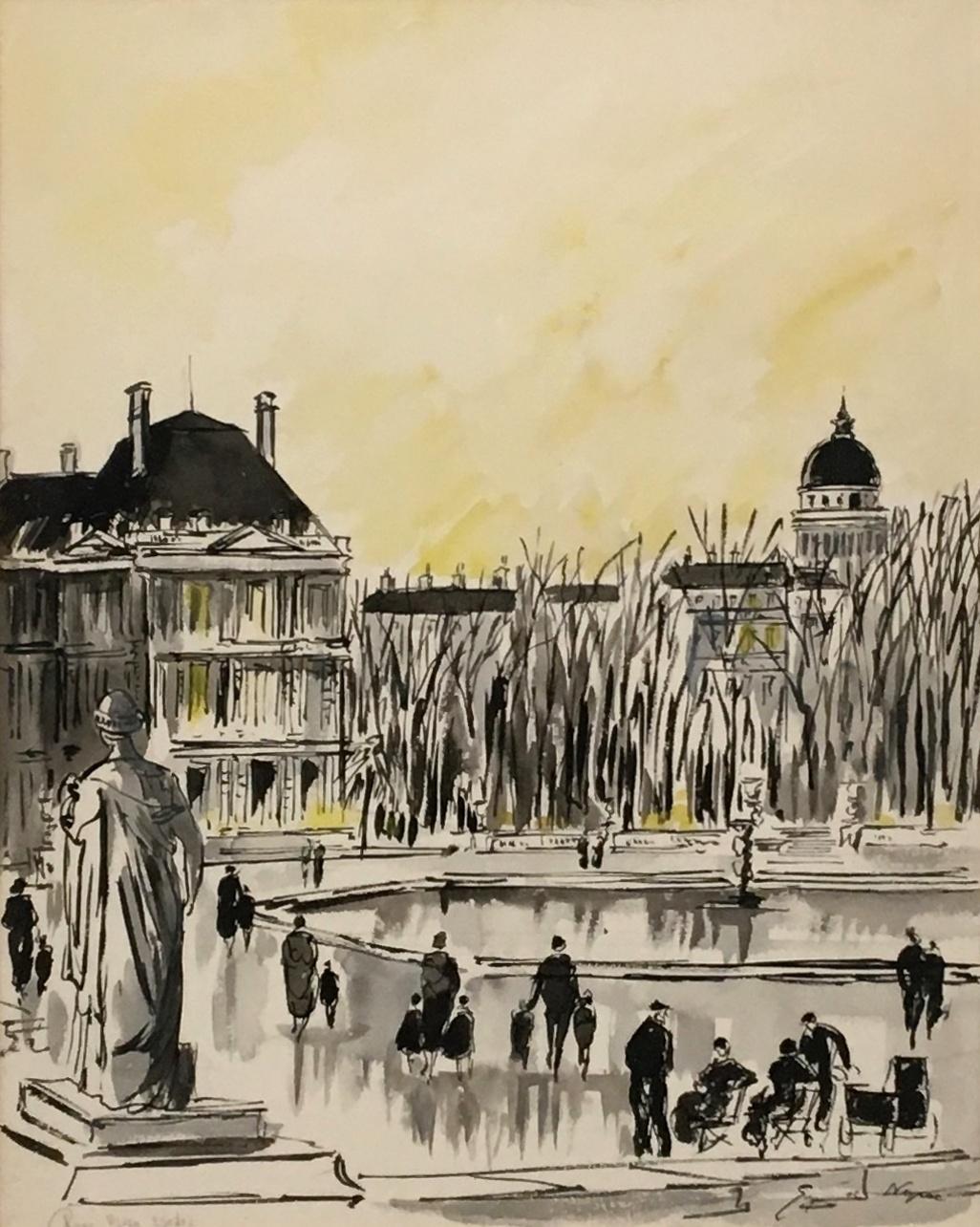A ca. 1949, Mid-Century, yellow-toned watercolor on paper of Rome -- Piazza Esedra by Guy de Neyrac.  Artwork size:  24" x 18 1/2".  Framed size:  32 1/2" x 27 1/2".

Guy de Neyrac was a French artist, who was best known for his views of France and