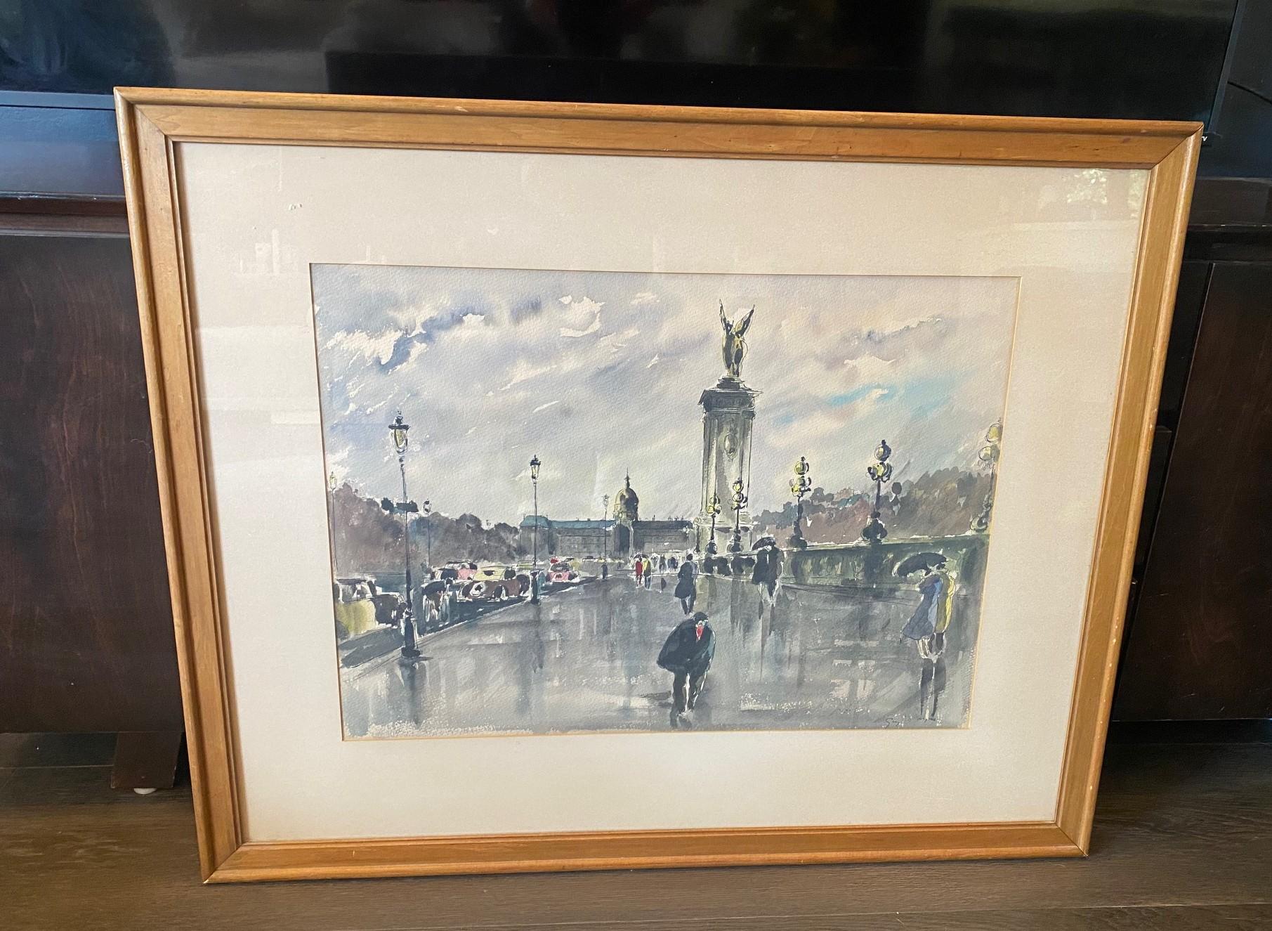 Ein wunderschönes, stimmungsvolles und wunderbar komponiertes Aquarell des französischen Künstlers Guy de Neyrac (1900-1950) aus der Jahrhundertmitte, das die berühmte Pariser Brücke Pont Alexandre III bei bedecktem Himmel und leichtem Regen zeigt. 