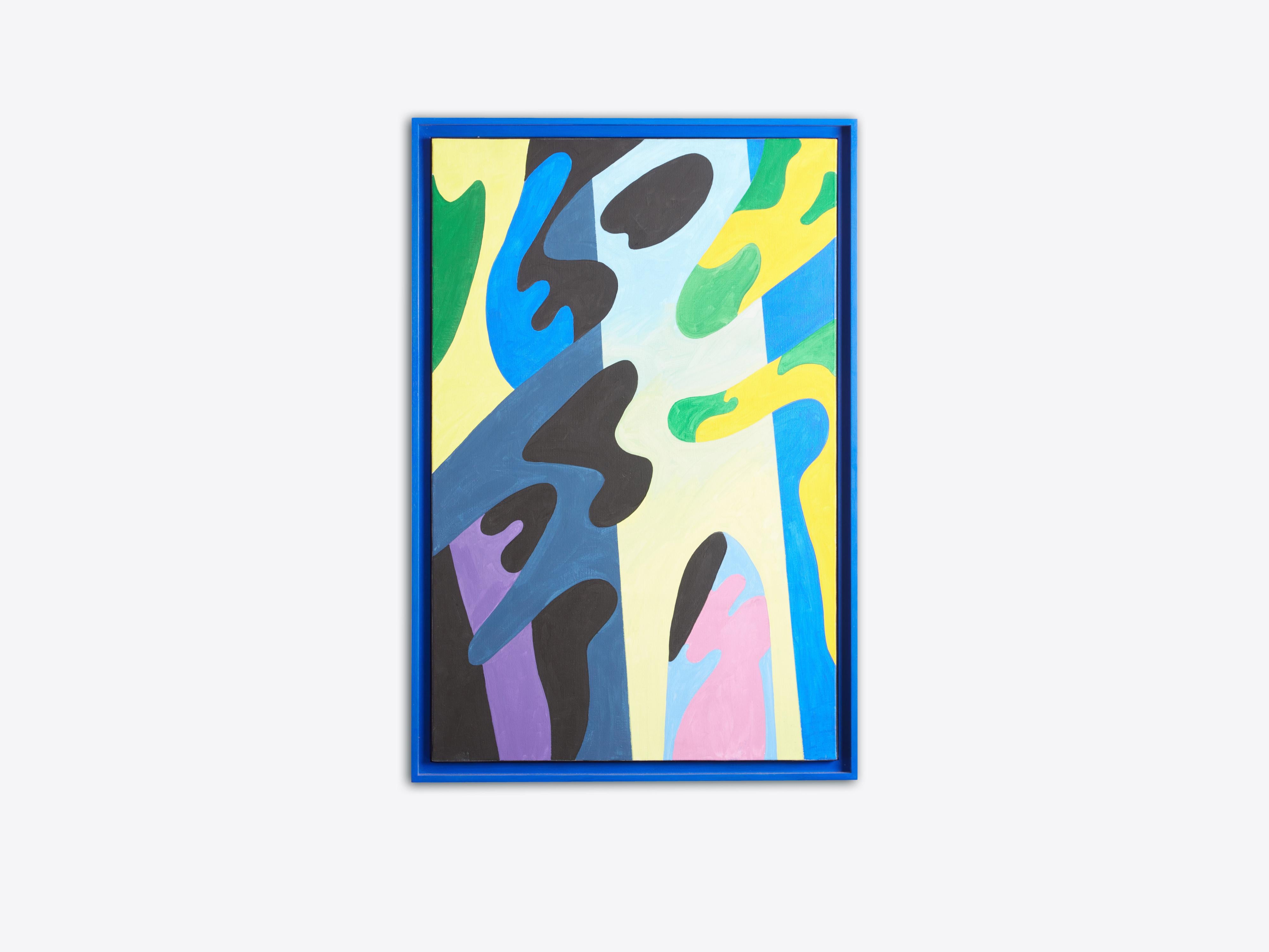 Precioso y juguetón óleo sobre lienzo del artista francés Guy de Rougemont, firmado Rougemont y fechado en 2006 en el reverso. Se ha enmarcado con una caja de sombra azul real a juego con los colores del cuadro. El tamaño del lienzo es Alto 36,25