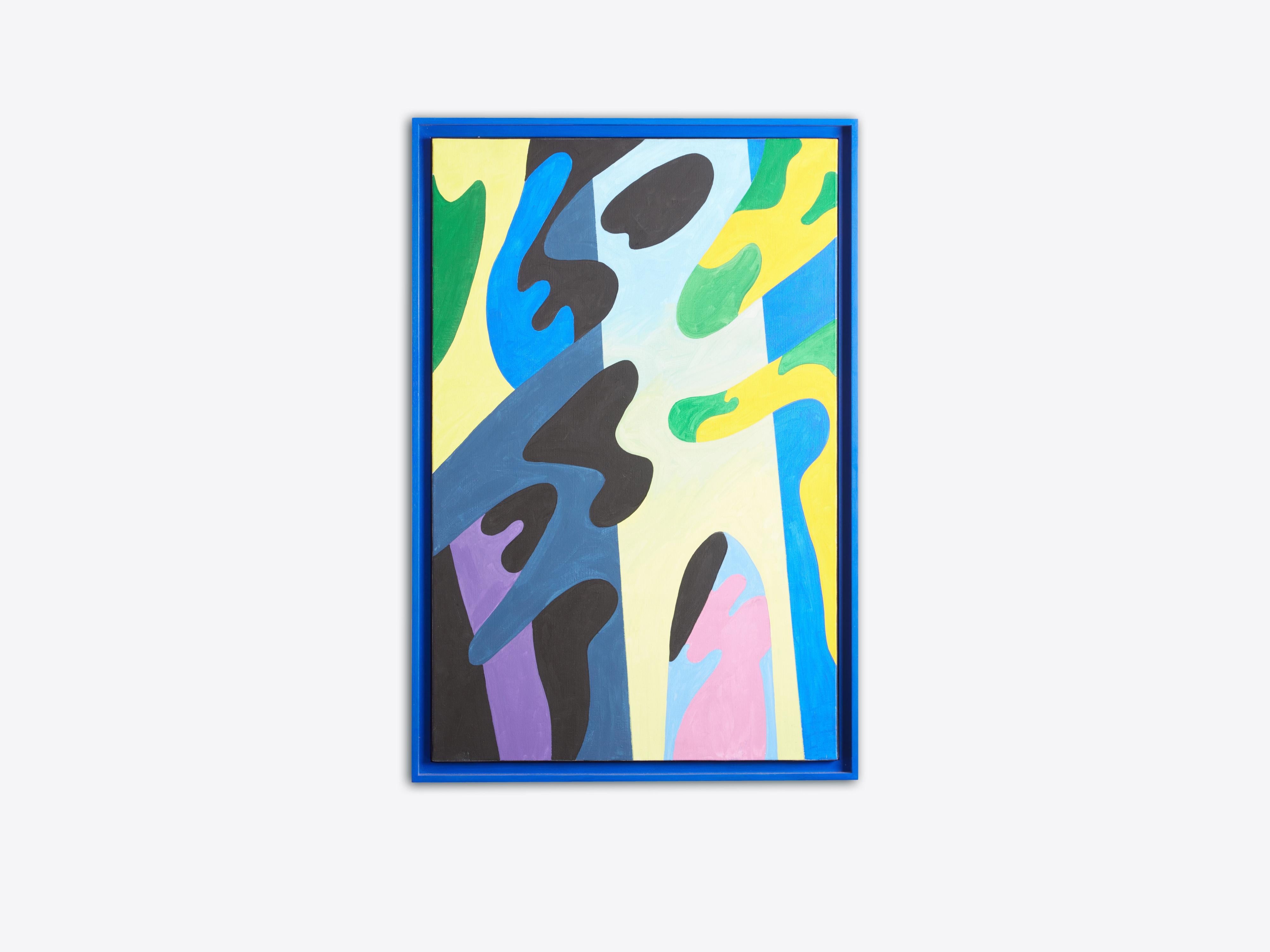 Si tratta di un bellissimo e giocoso olio su tela dell'artista francese Guy de Rougemont, firmato Rougemont e datato 2006 sul retro. È stato incorniciato con una scatola da ombra blu reale che si abbina ai colori del dipinto. La tela misura 36,25