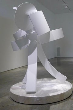 Cache, abstract sculpture, white, vertical, indoor, outdoor, contemporary
