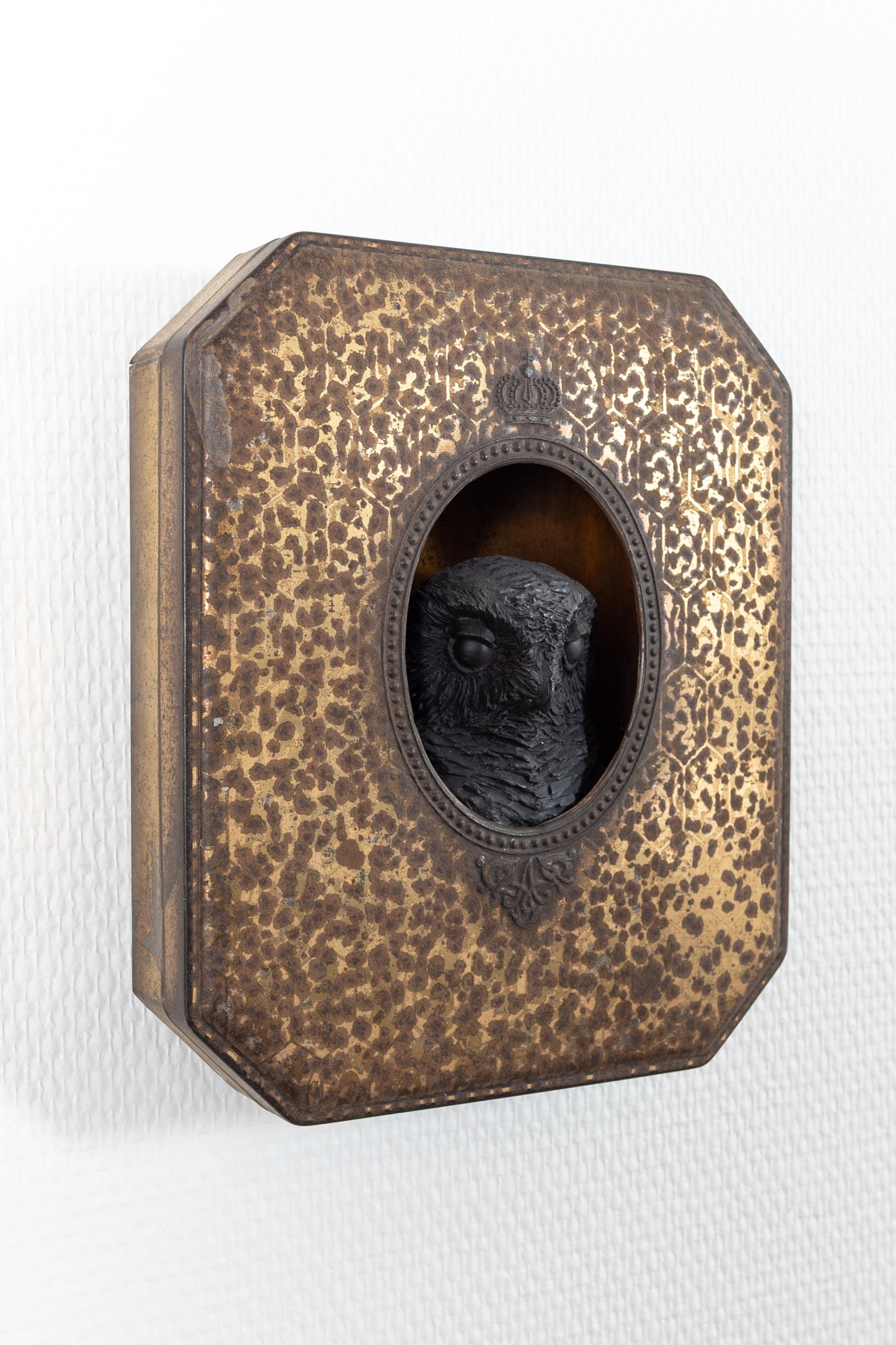 Skulptur einer Eule aus schwarzem Polyester in einer Zinnschachtel, genannt 'King'.