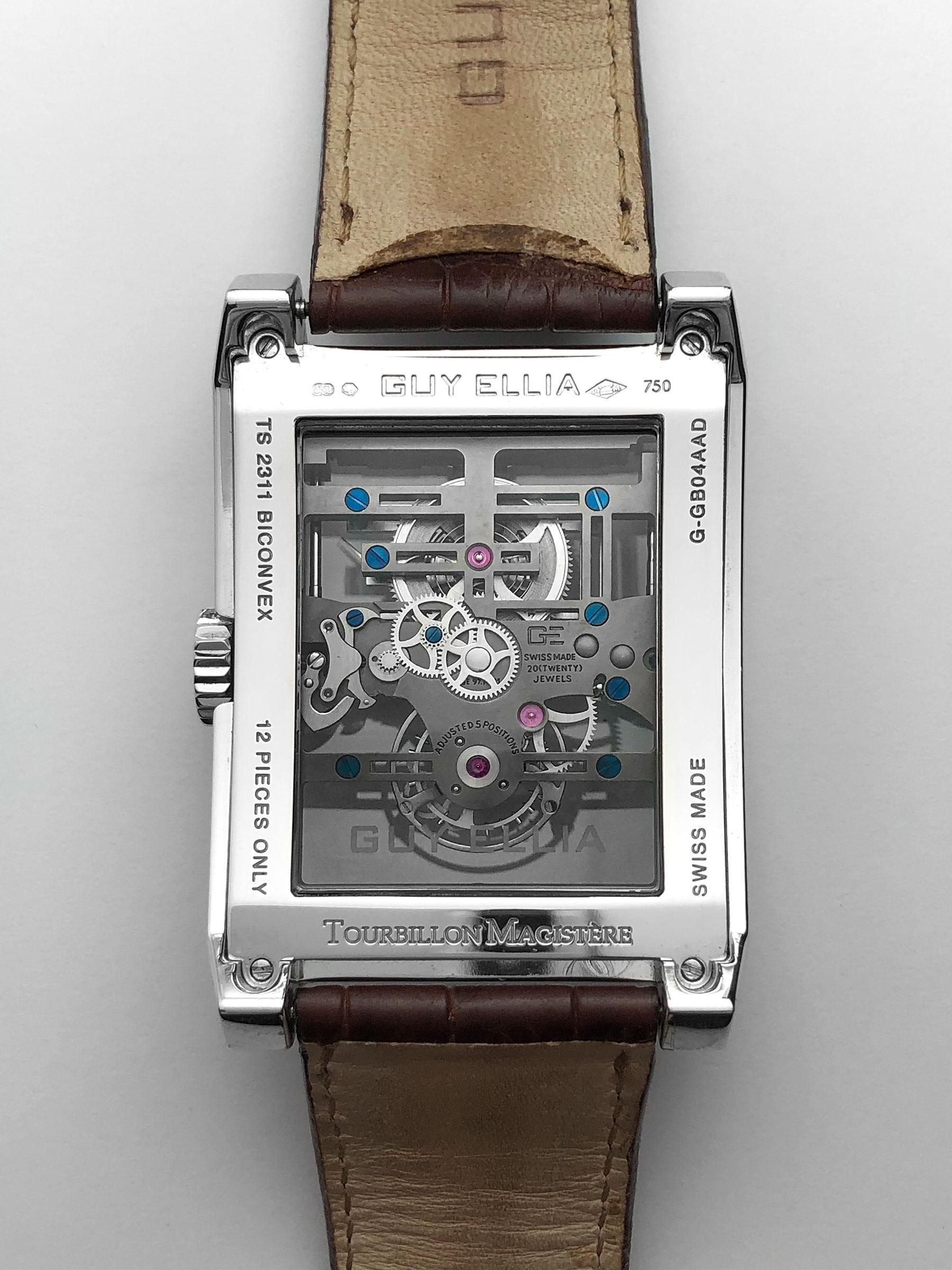 The Magistere is one of the few Guy  Ellia creations with an obvious signature. The G and the E act as the bridge for the barrel and the tourbillon's cage  respectively , completing minute long rotations.
18 Karat White Gold
Reference # OG TS 2311