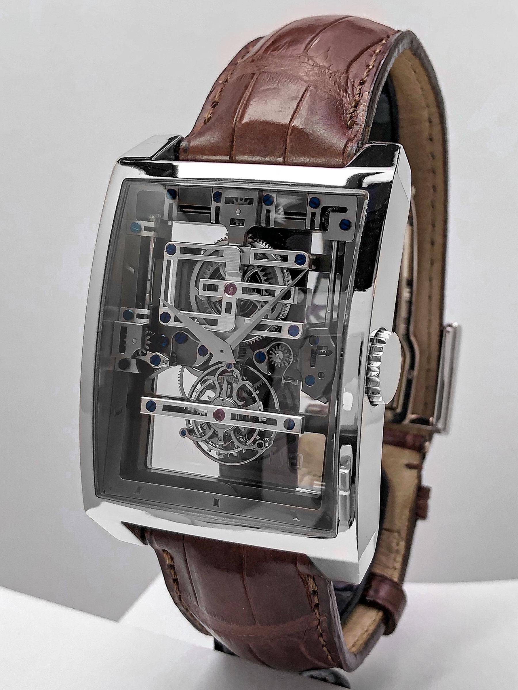 Moderne Montre à bracelet squelette Guy Elia « Magistere Tourbillon » en or blanc 18 carats en vente