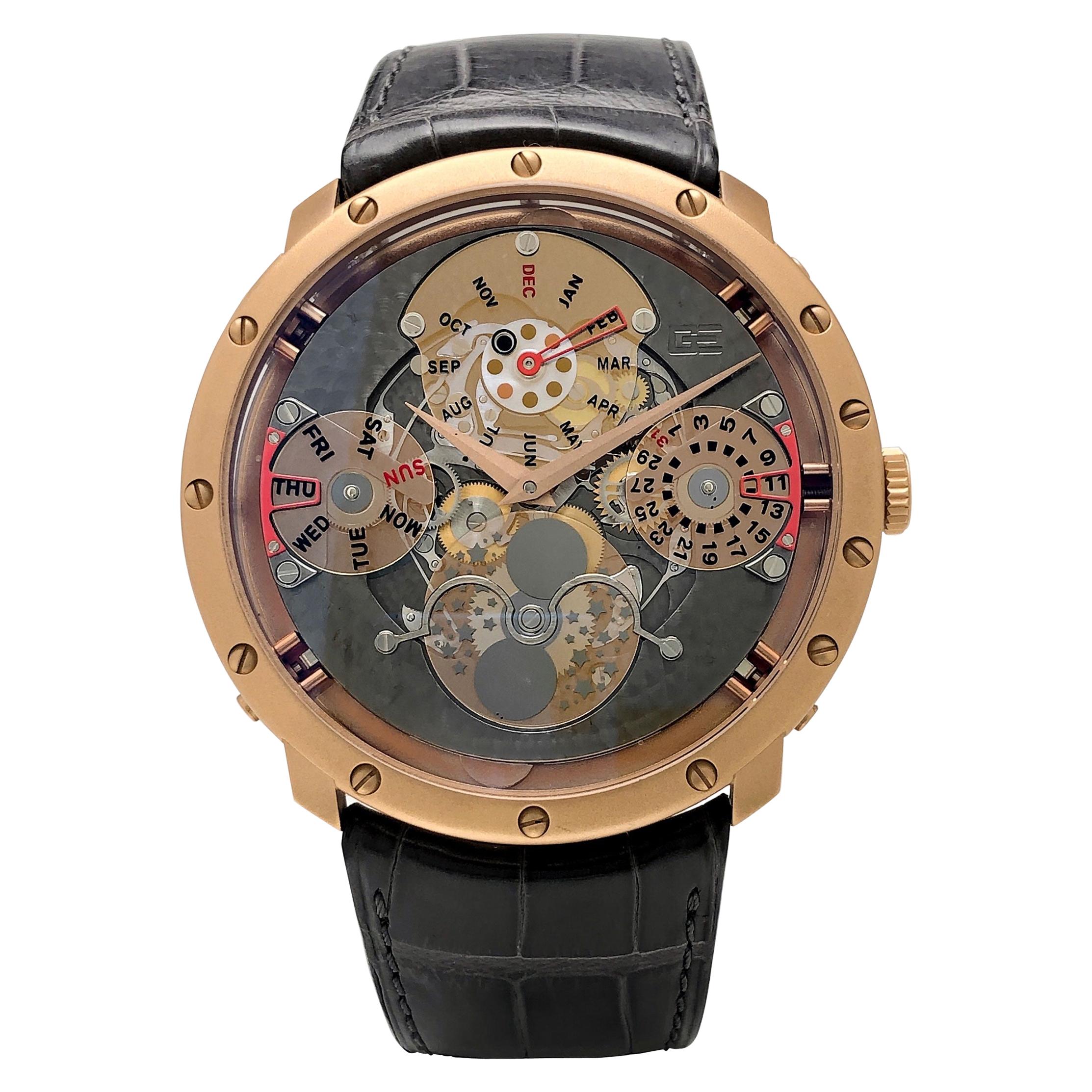 Guy Ellia 18 Karat Gold Time Space Quantieme Perpetual Calendar Watch, #2/200 For Sale