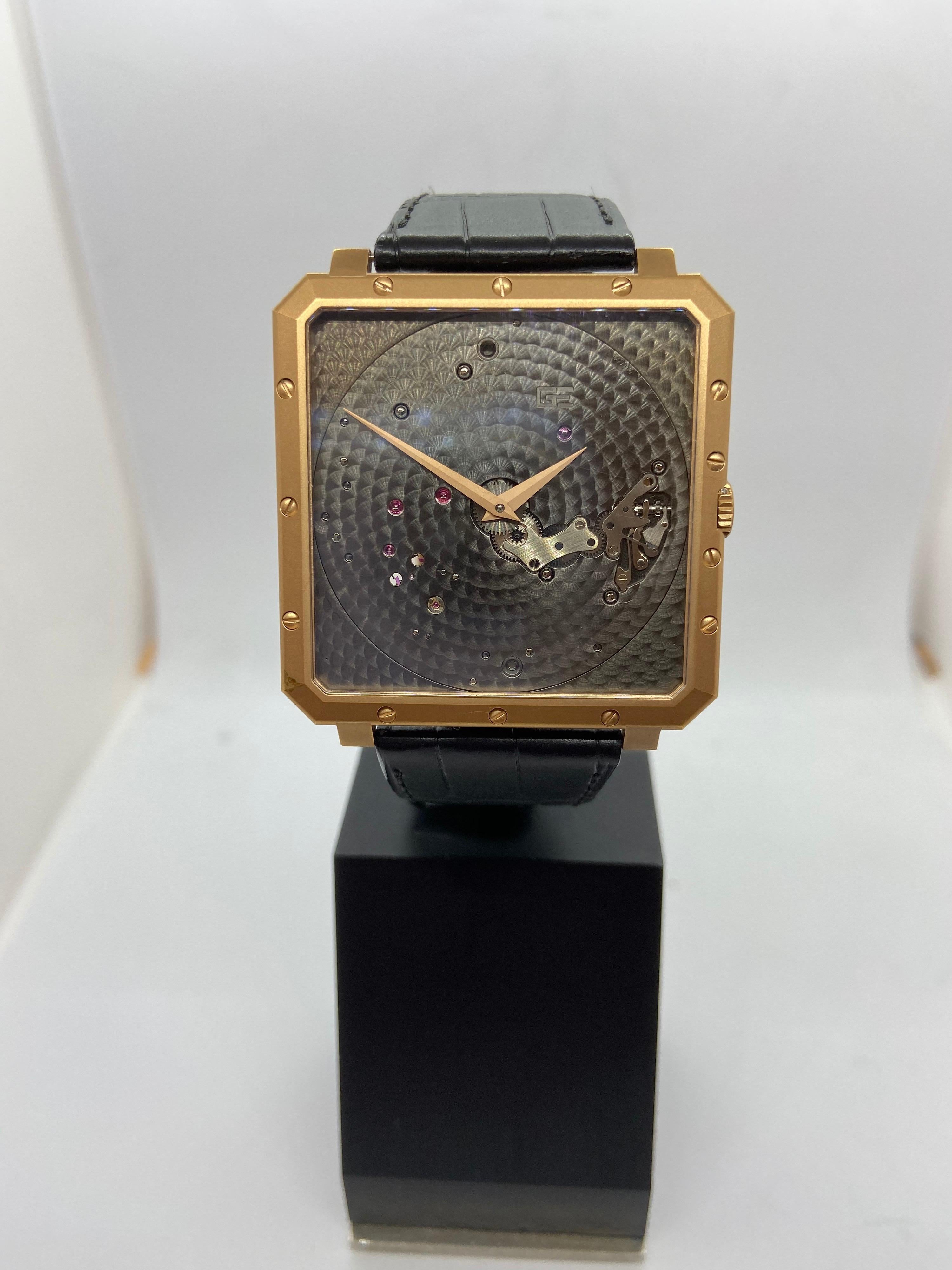 Guy Ellia 18 Karat Roségold Time Space Square Armbanduhr für Damen oder Herren im Angebot