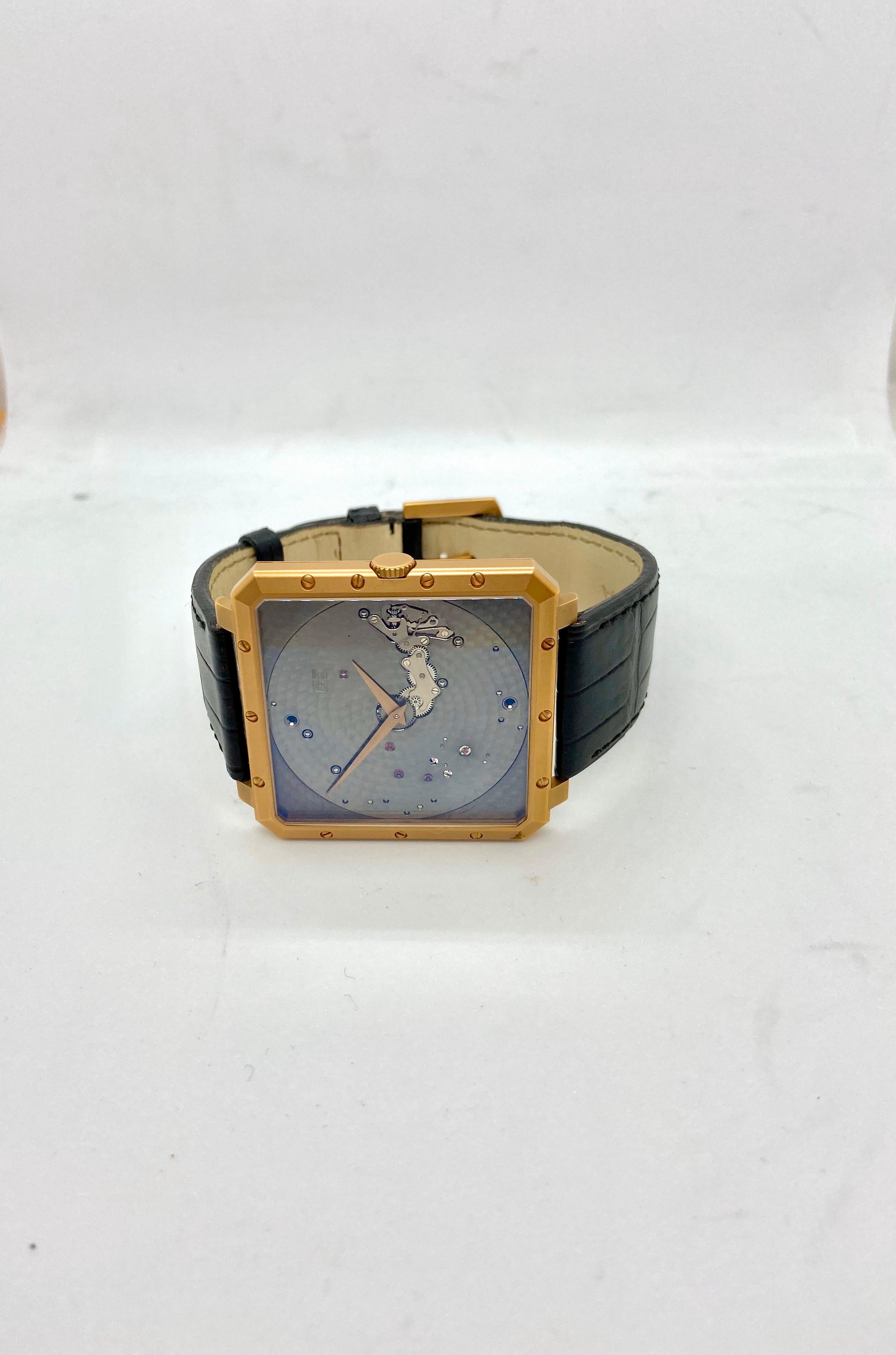 Guy Ellia 18 Karat Rose Gold Time Space Square Strap Watch In New Condition For Sale In New York, NY