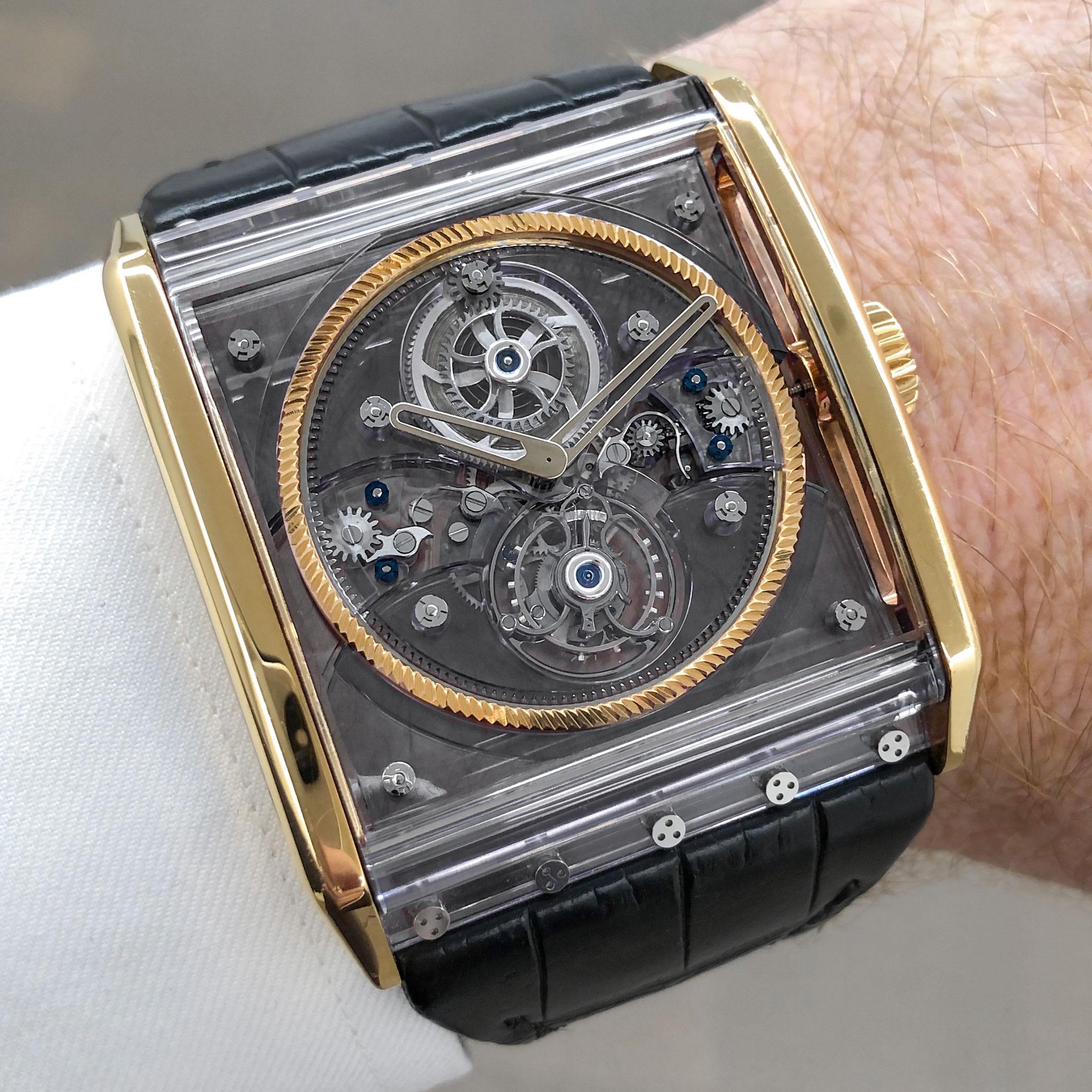 18 Karat Rose Gold Tourbillon Zephyr
Reference # RGGS-01-AAA
Skeletonized with Tourbillon
Christophe Claret developed movement
Manual Wind
White Sapphire Case with Rose Gold Sides
45 mm
Water Resistant to 30 meters
Limited Edition
Black Crocodile