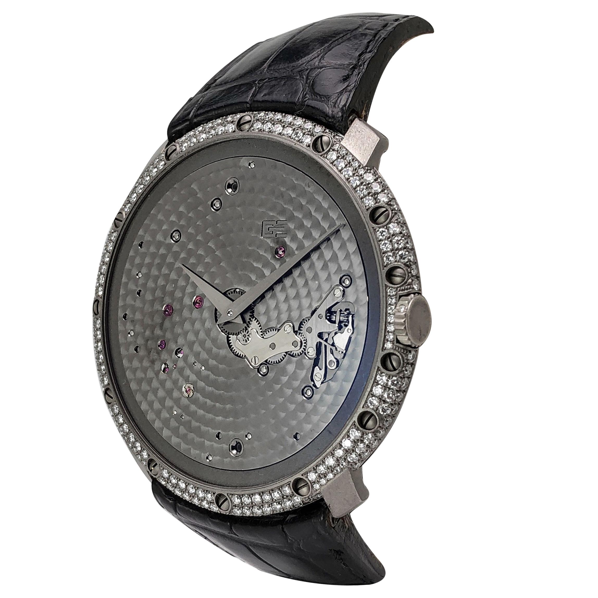 Guy Ellia 18 Karat White Gold and Diamonds Time Space Strap Watch For Sale