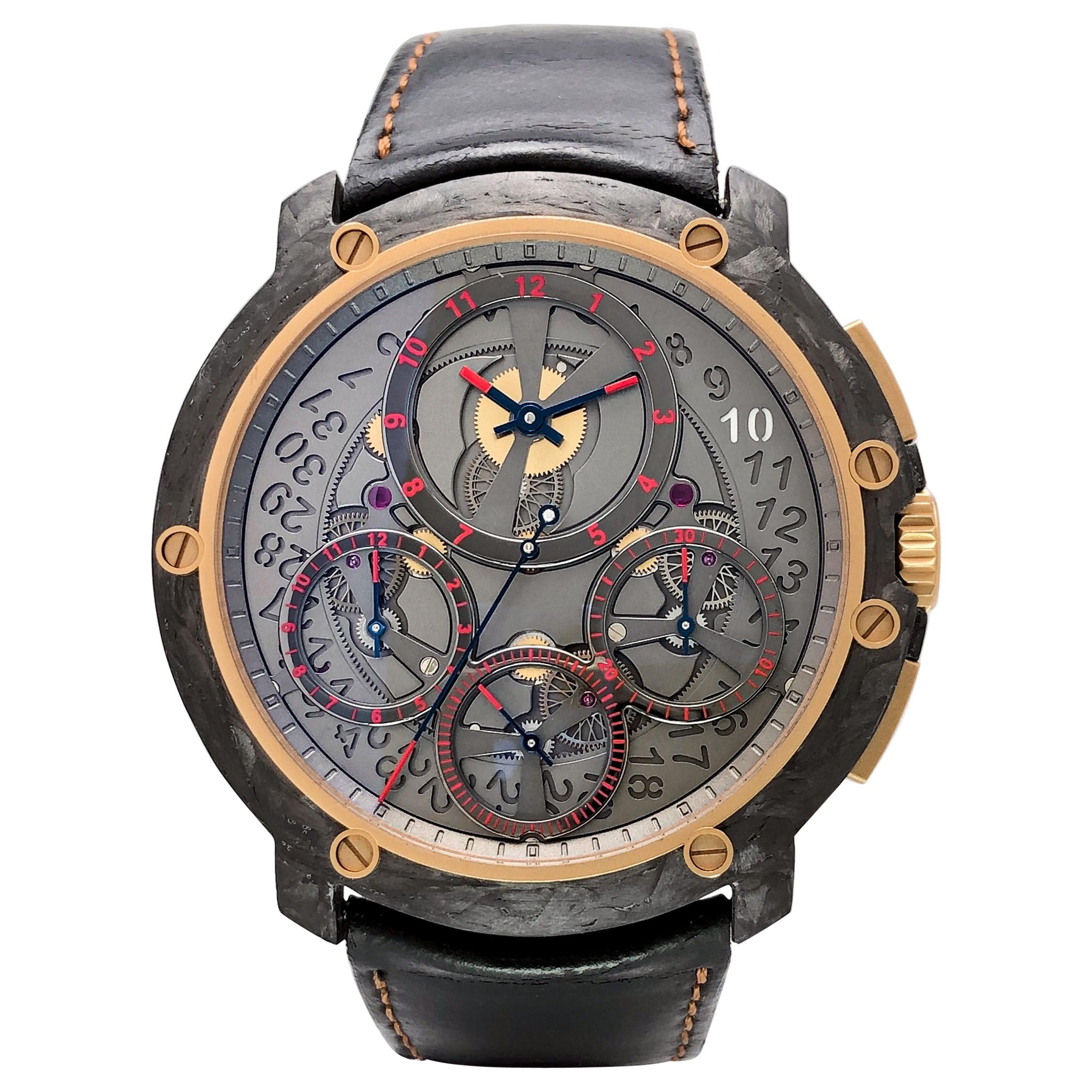 Guy Ellia Carbon and 18 Karat Rose Gold Jumbo Chronograph Strap Watch For Sale